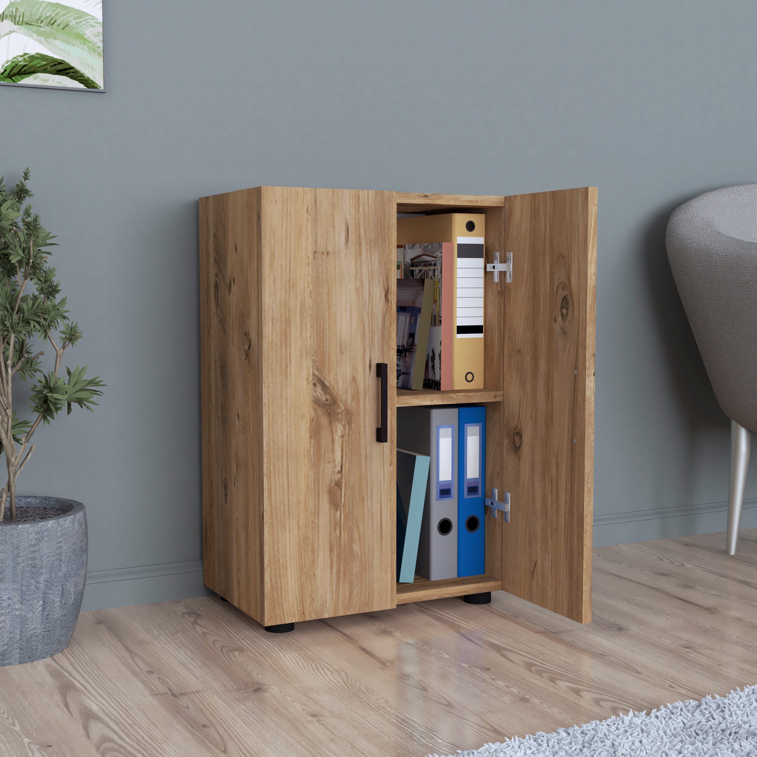 Zeta Interior Aktenschrank,Holz und Kiefer Farbe, Höhe 74 cm, Büroschrank, Ordnerschrank