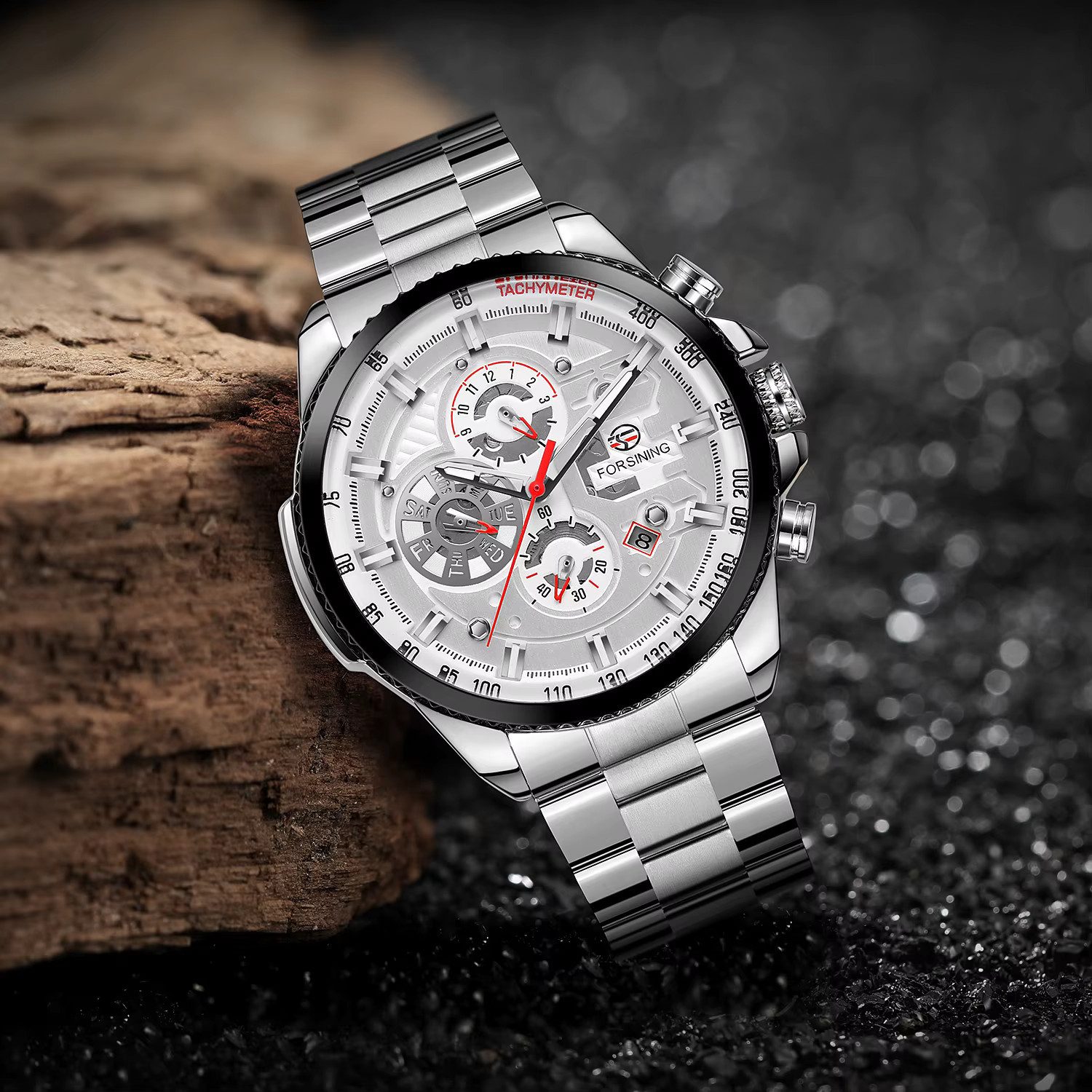 Rötting Design Automatikuhr Herrenuhr Armbanduhr Marke Forsining silberfarbenes Ziffernblatt, Edelstahl, Datum Wochentag Monats Anzeige