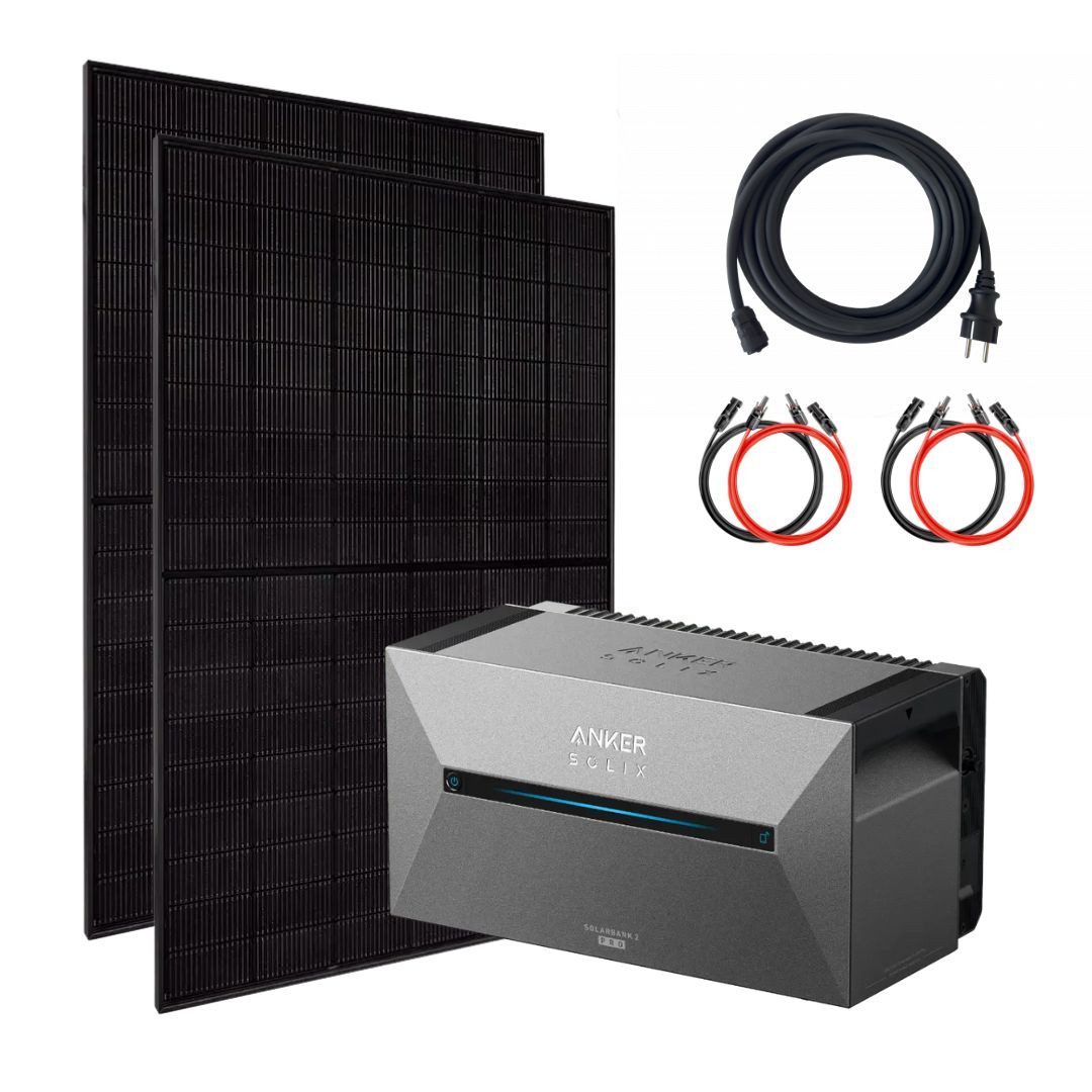 MyVoltaics Balkonkraftwerk Solaranlage 880W mit Speicher - inkl. Anker SOLIX Solarbank 2 Pro, 880 W, bifaziale Module (bis zu +30% mehr Modulleistung), (Set, 3-St., WLAN Wechselrichter und Steuerungseinheit integriert – anschlussfertig), Genehmigungsfreies Balkonkraftwerk 880 Watt im Komplettset