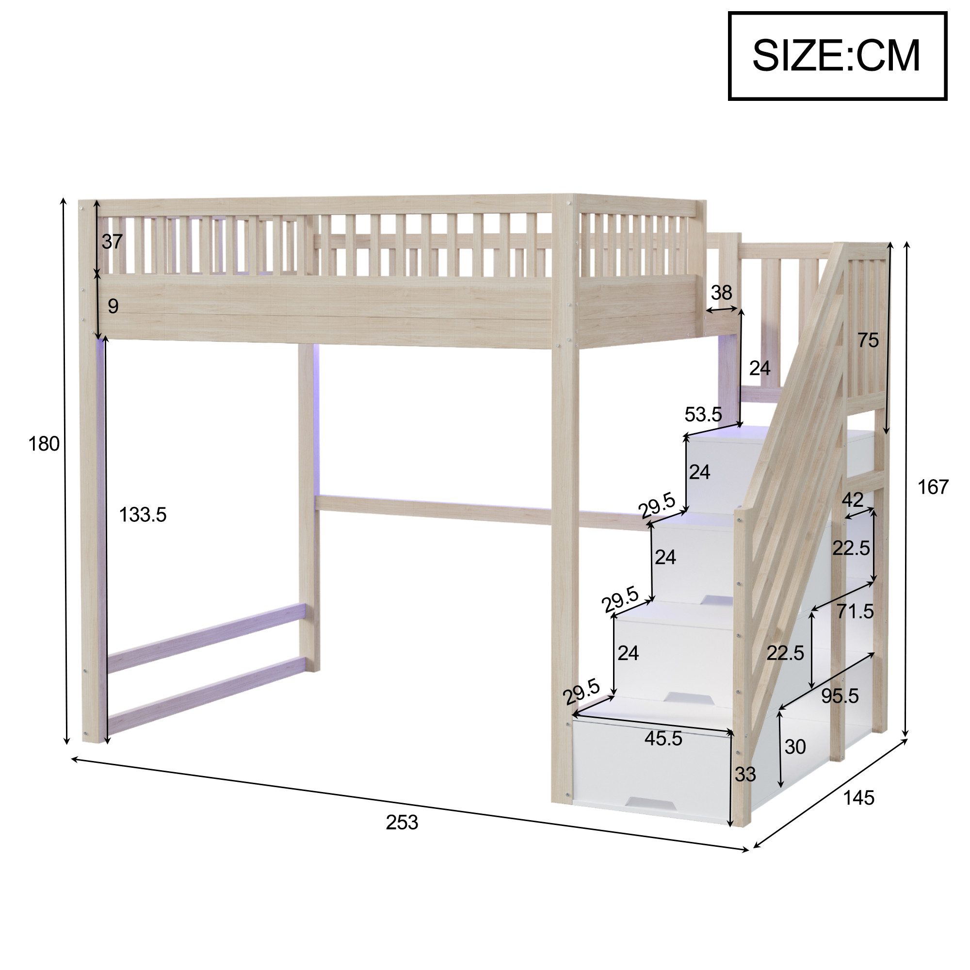 Odikalo Hochbett Hochbett mit Stauraum & Treppe, Weißes Holzbett aus Massiver Kiefer (Hochbett 140x200 / 90x200 cm mit Sicherheitsaufbewahrungsleiter, Sicherhei – Bild 5 von 5