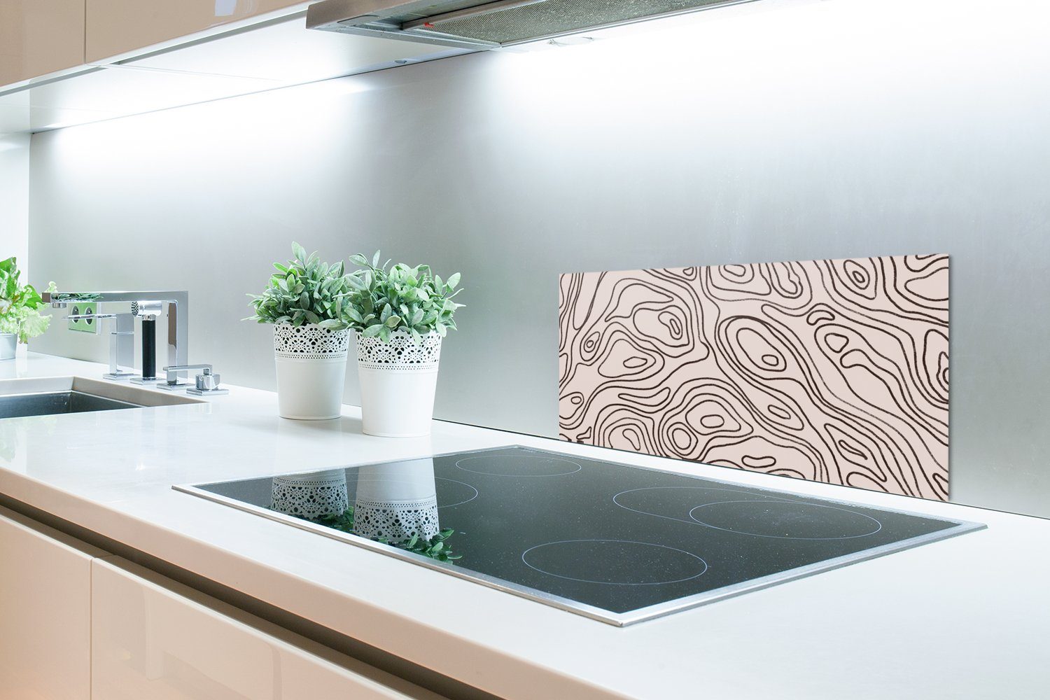 für MuchoWow Schmutzflecken Schwarz, (1-tlg), 60x30 - Fett Wandschutz, gegen Beige Küchen - Küchenrückwand - Linien cm, und Kunst