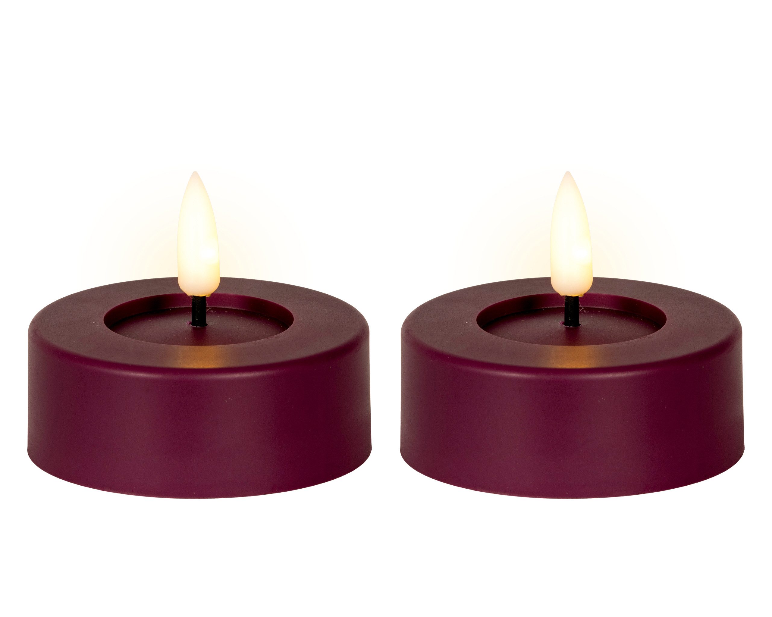 Lumineo LED-Kerze, LED Teelichter mit Timer Outdoor 6,5x5cm Plastik Beerenlila 2 Stück