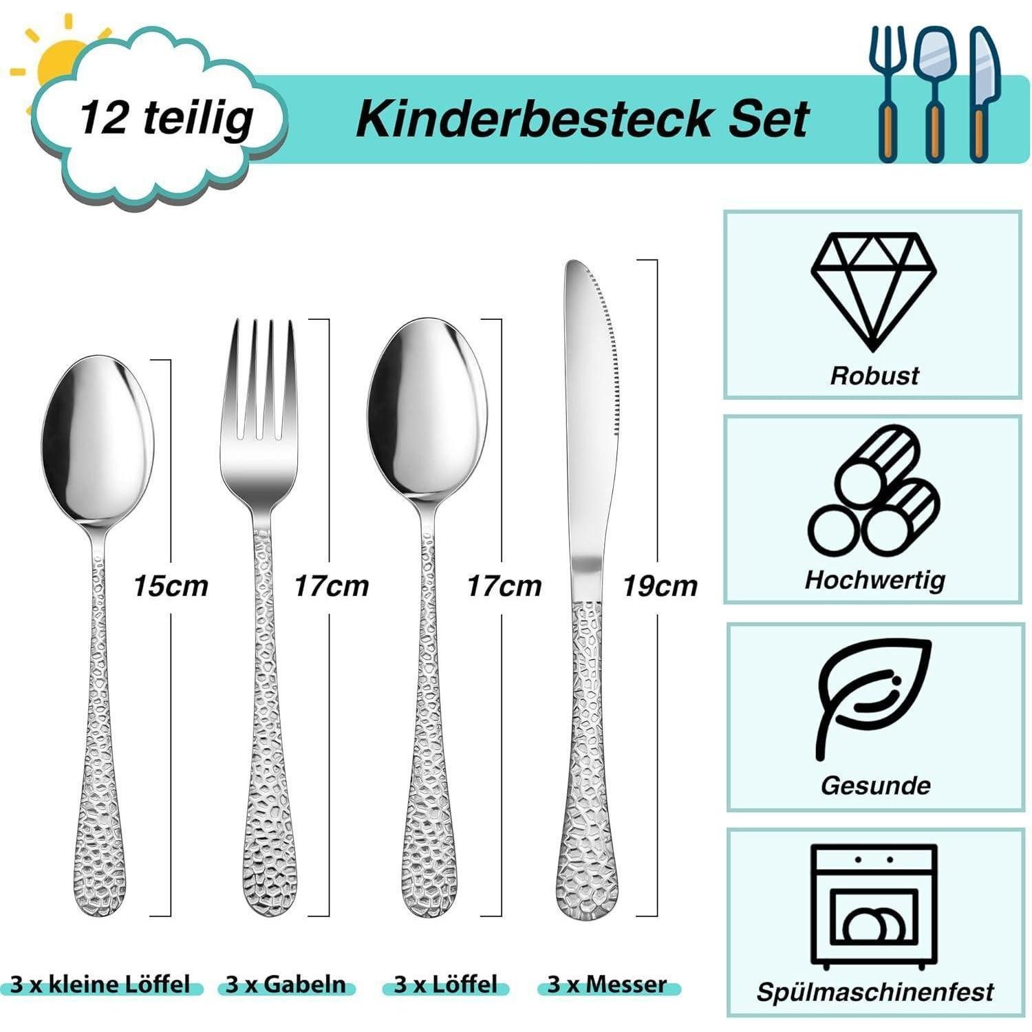 LuxusKollektion Kinderbesteck Kinderbesteck 12teilig Edelstahl Gesund Spülmaschinenfest Hammergriff