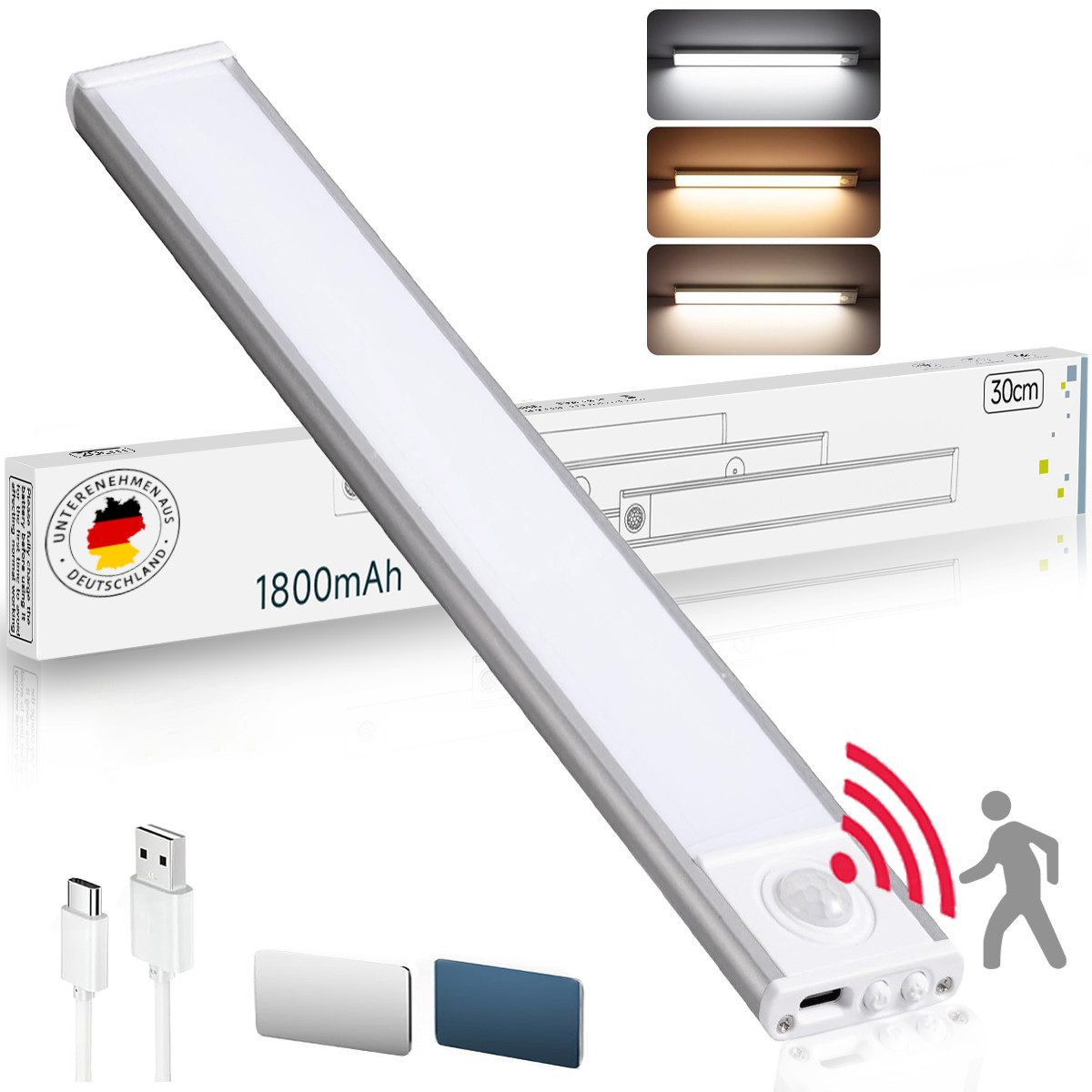 FOSMET LED Unterbauleuchte 2026 Neue Unterbauleuchte LED Küche 1800mAh Dimmbar Schrankbeleuchtung, 3500K, 4500K, 6500K, Farbmodi, Hell USB Aufladbar Lichtleiste, Dimmbar Nachtlicht für Treppenbeleuchtung und Kueche, Warmweiß (3500 K), Neutralweiß (4500 K), Kaltweiß (6500 K), Dimmbar Nachtlicht für Treppenbeleuchtung und Kueche, 1800 mah Wiederaufladbarer Akku