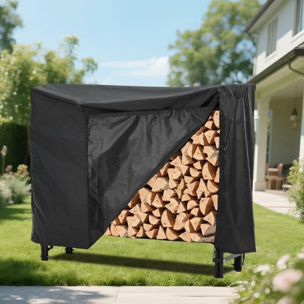 GarveeMore Kaminholzregal Brennholzregal aus Eisen mit wasserdichte Schutzhülle, BxTxH:120x35x110 cm, 4FT / 8FT wählbar, 400 kg Tragkraft, Oxford-Gewebe, wetterfest