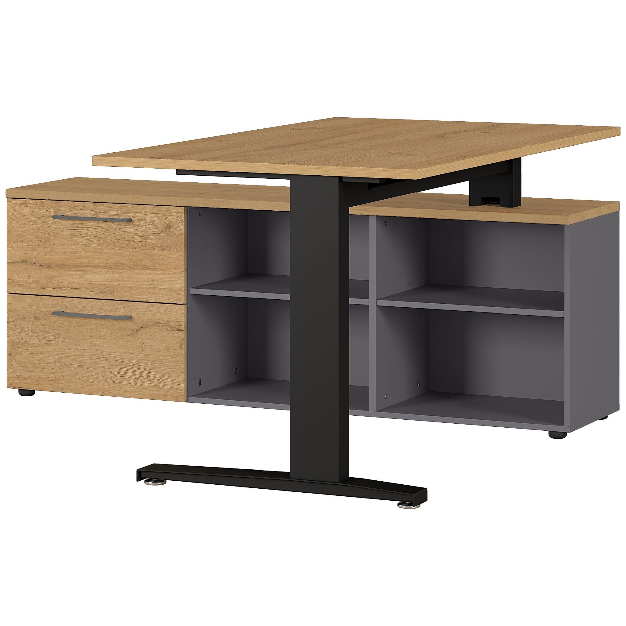 bümö Schreibtisch Andratx, mit Sideboard in Eiche-Graphit, 2 Schubladen & 4 Regalfächer