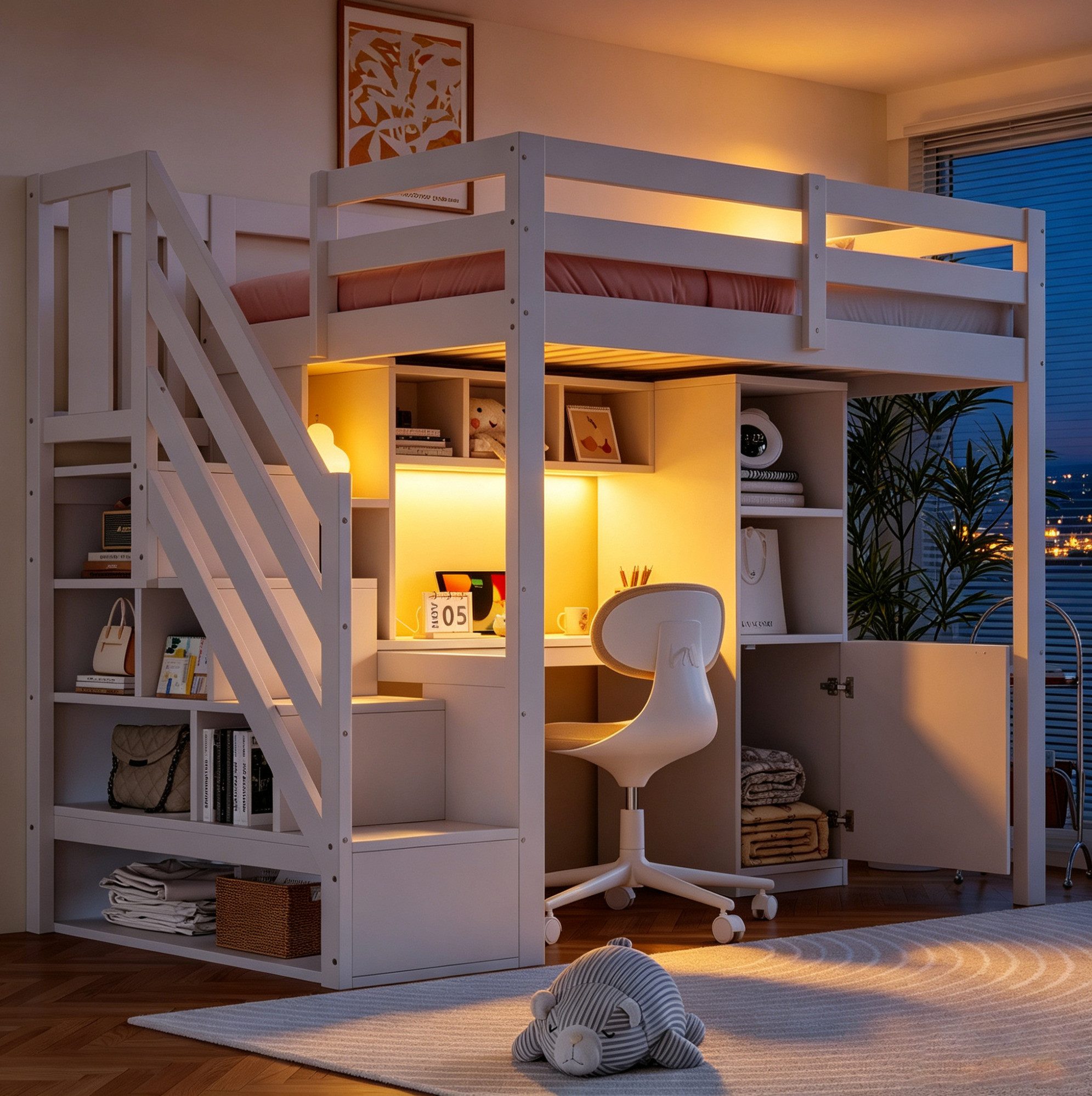 MODFU Hochbett Holzbett mit Leiter-Treppe, Schreibtisch, Ablagefächern, Kinderbett (mit Sicherheitsgitter 90x200 cm, LED-Licht und praktischen Steckdosen) Jugendbett, ohne Matratze