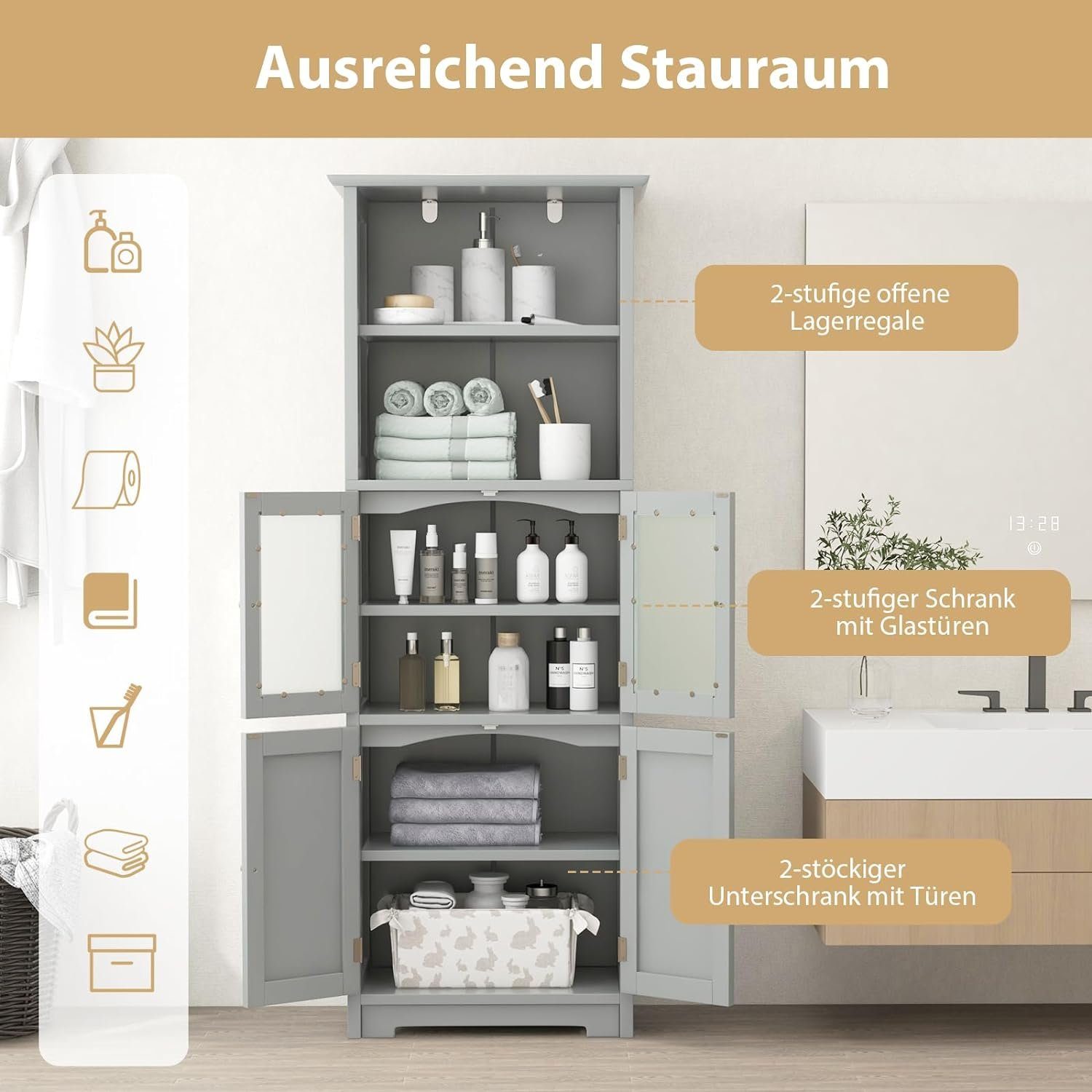 KOMFOTTEU Hochschrank Badezimmerschrank Badkommode mit Ablagen günstig online kaufen