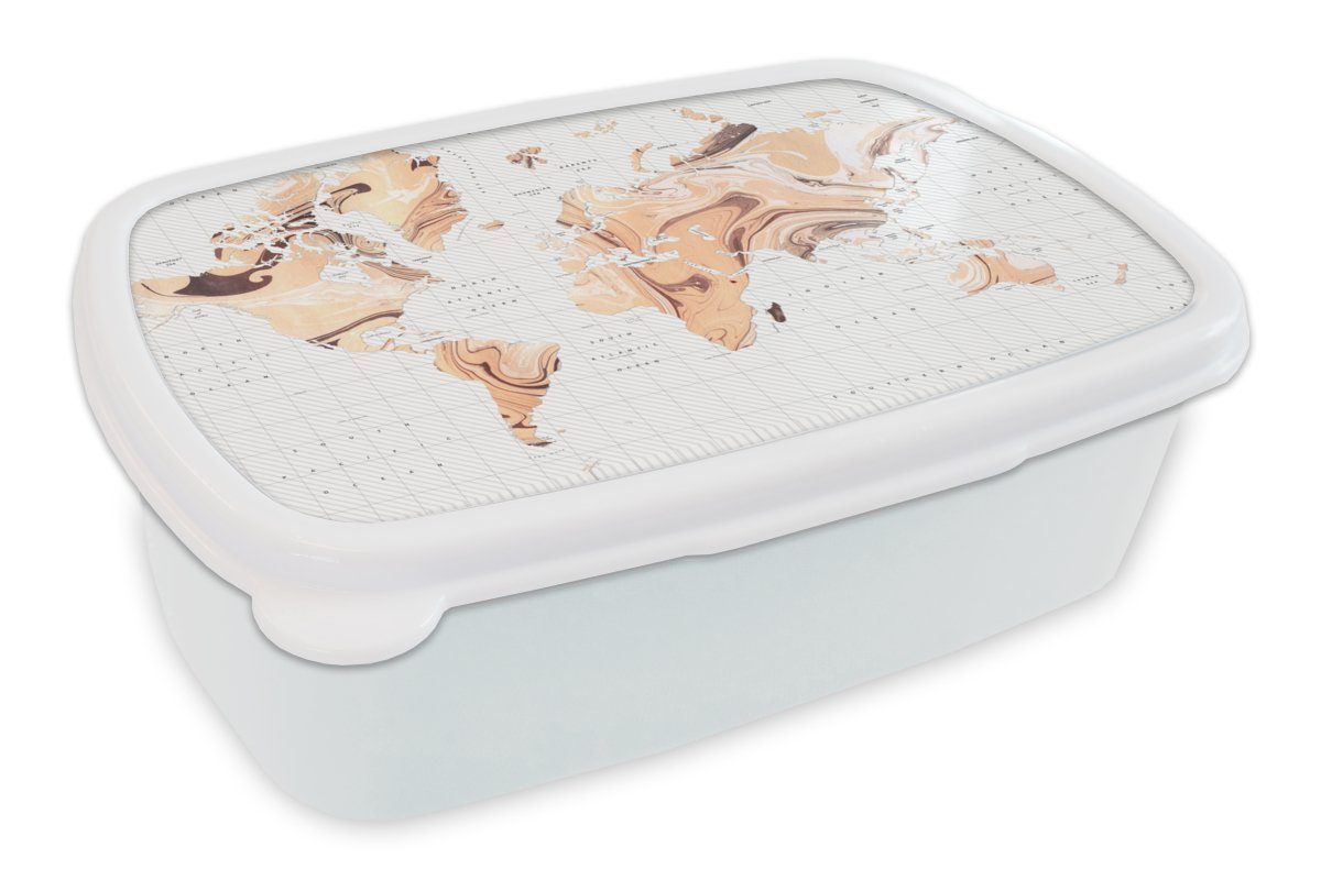 MuchoWow Lunchbox Weltkarte - Farbe - Braun, Kunststoff, (2-tlg), Brotbox für Kinder und Erwachsene, Brotdose, für Jungs und Mädchen weiß