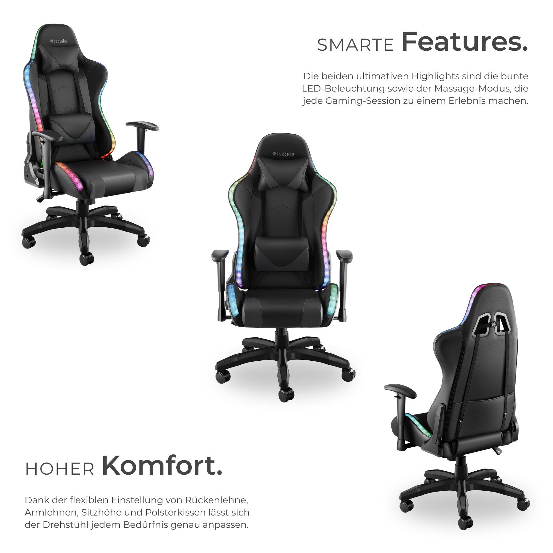 tectake Gaming-Stuhl Gamingstuhl (Set, 1 St), Verstellbare Rücken- und Armlehnen für ergonomisches Sitzen