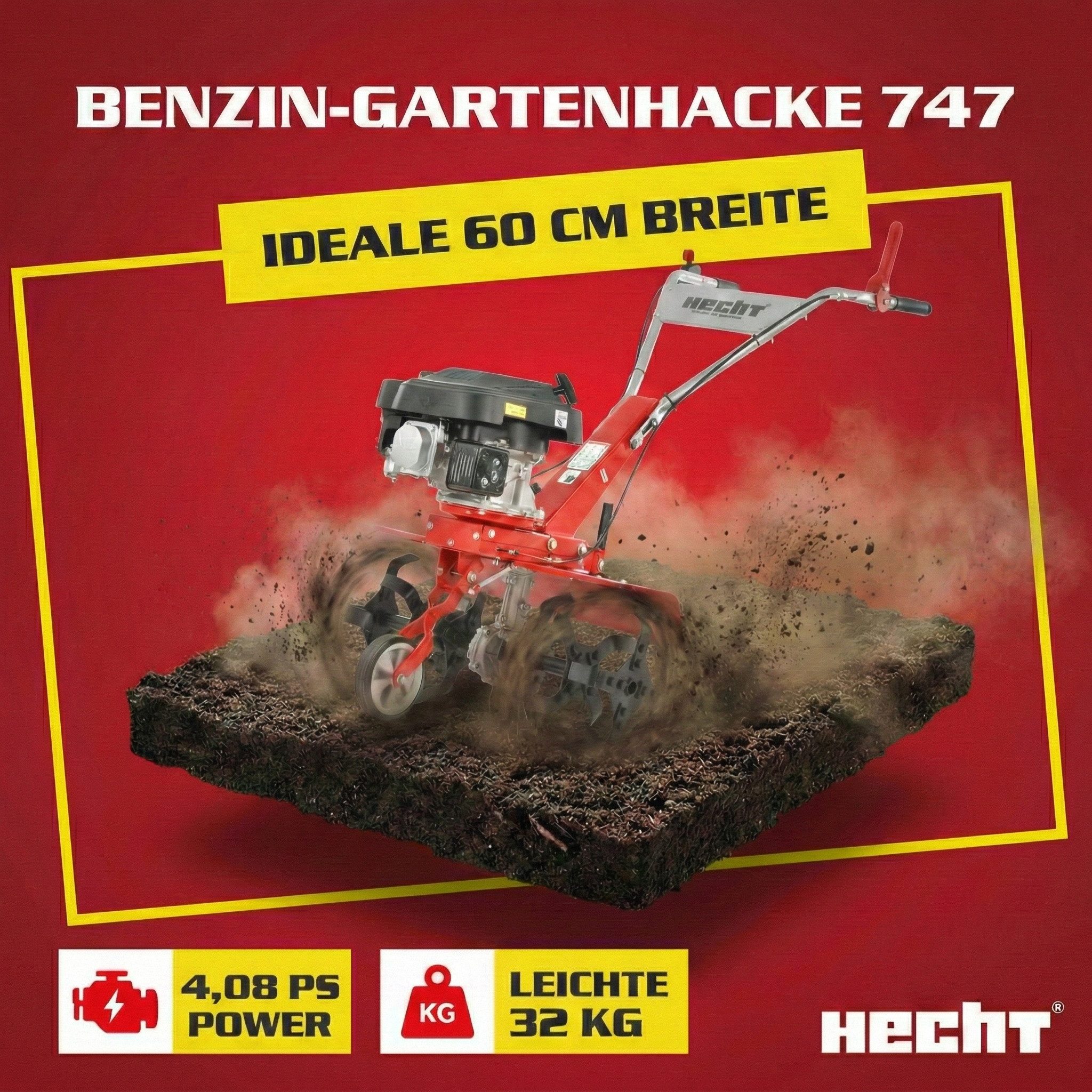 Hecht Gartenhacke Motorfräse Motorhacke Benzin, 25 cm Arbeitstiefe, 3 kW / 4,08 PS, 60 cm Arbeitsbreite, 173 cm³, 145 U/min Werkzeugdrehzahl, mit Führungsrad