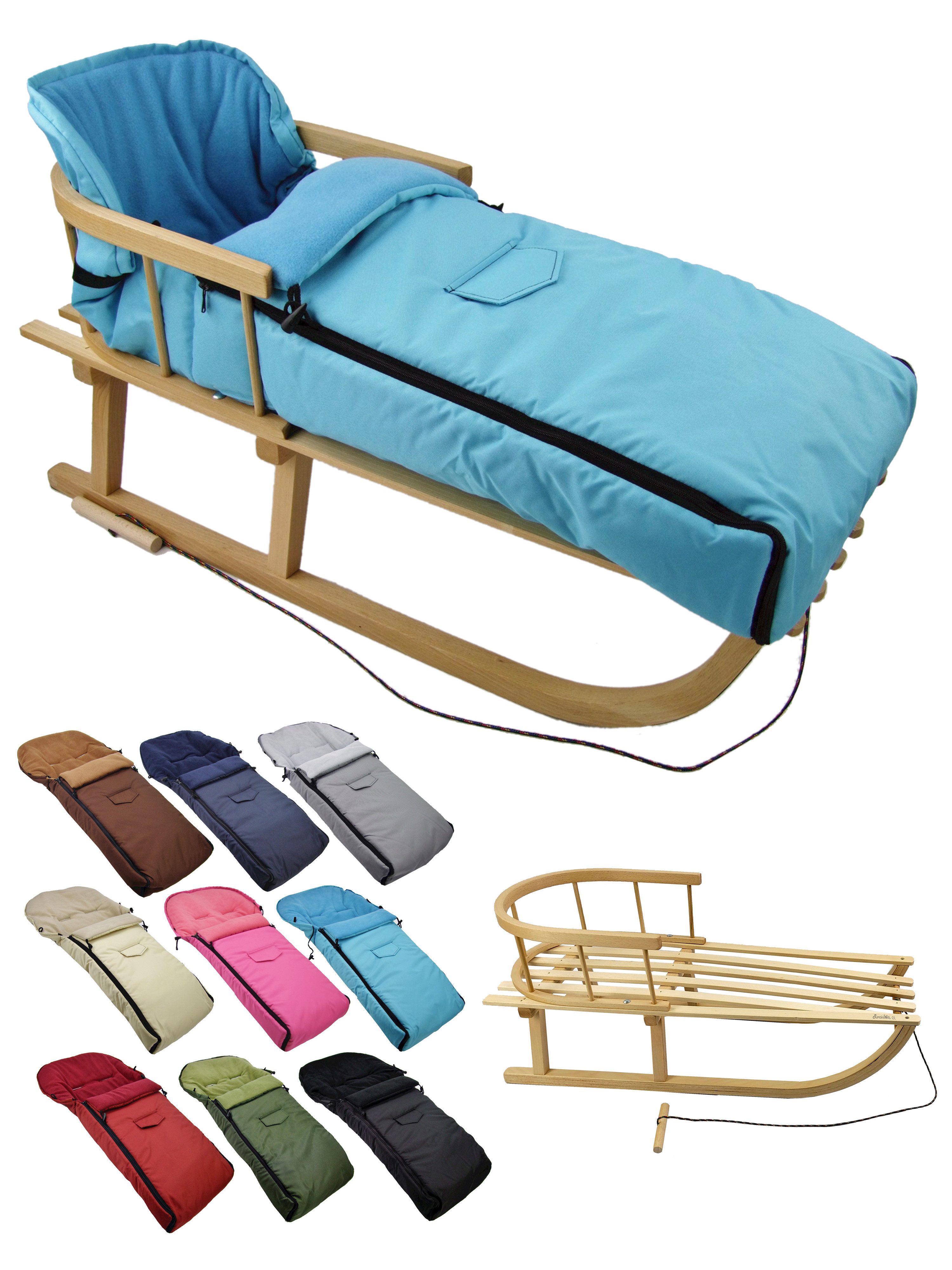 BambiniWelt by Rafael K. Davoser Schlitten CE-HOLZSCHLITTEN mit Rückenlehne Zugleine + WINTERFUßSACK Fleece 108cm