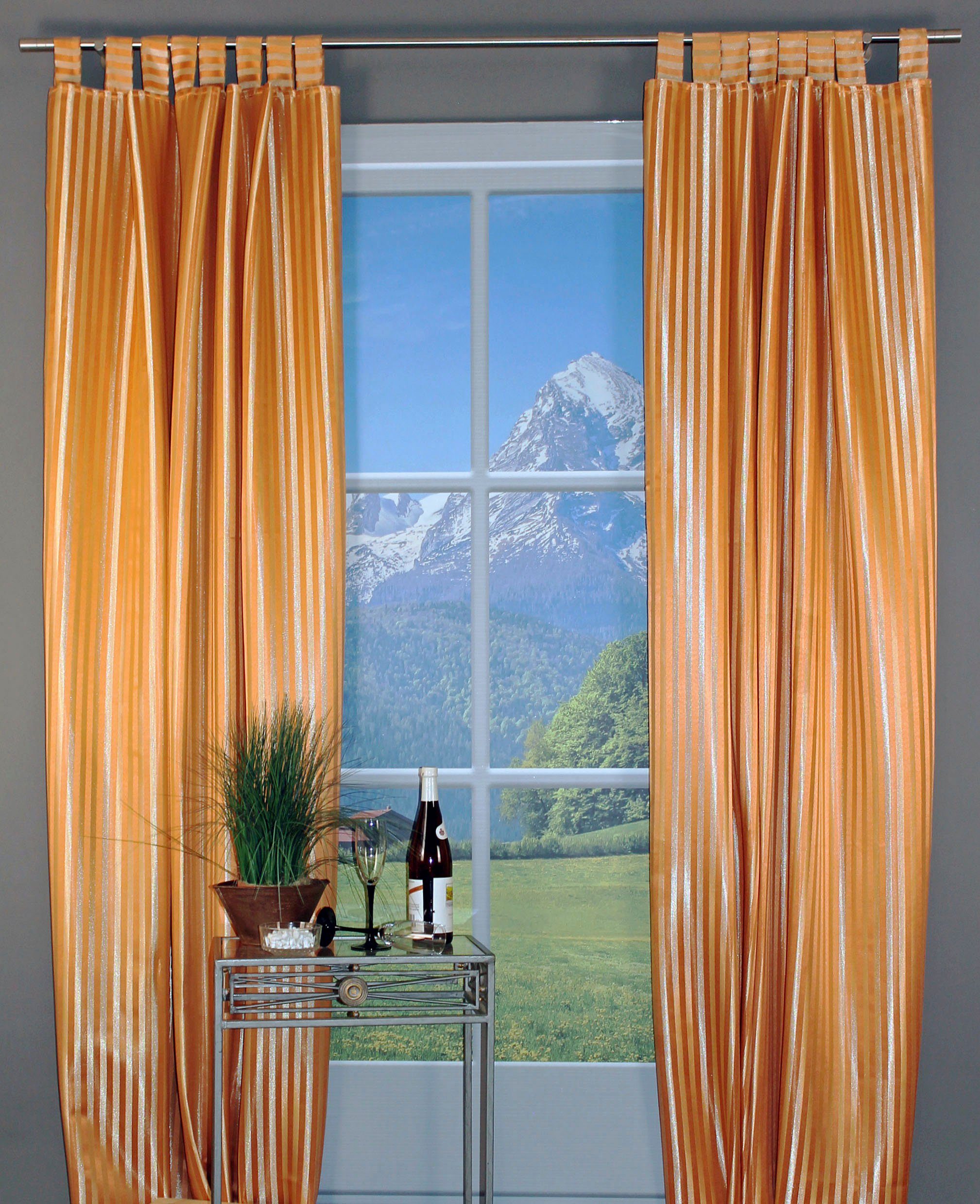 Gardine Triftsee, HOSSNER - ART OF HOME DECO, Schlaufen (1 St), blickdicht, Schlaufenschal mit gewebten Streifen goldfarben/zimt