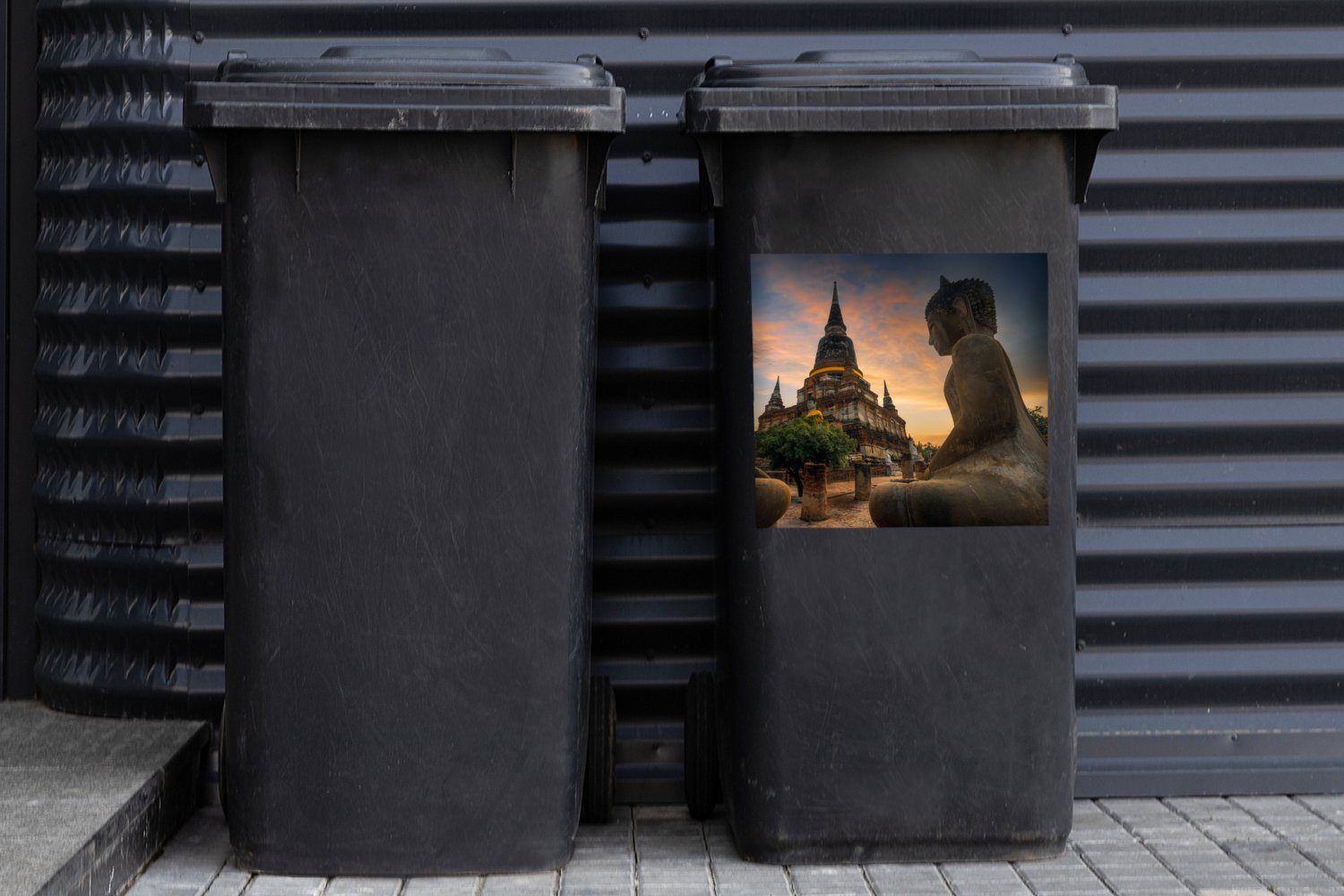 - MuchoWow Wandsticker Tempel (1 - Container, Buddha-Statuen - Buddha Mülltonne, Sonnenuntergang St), Sticker, Mülleimer-aufkleber, Abfalbehälter