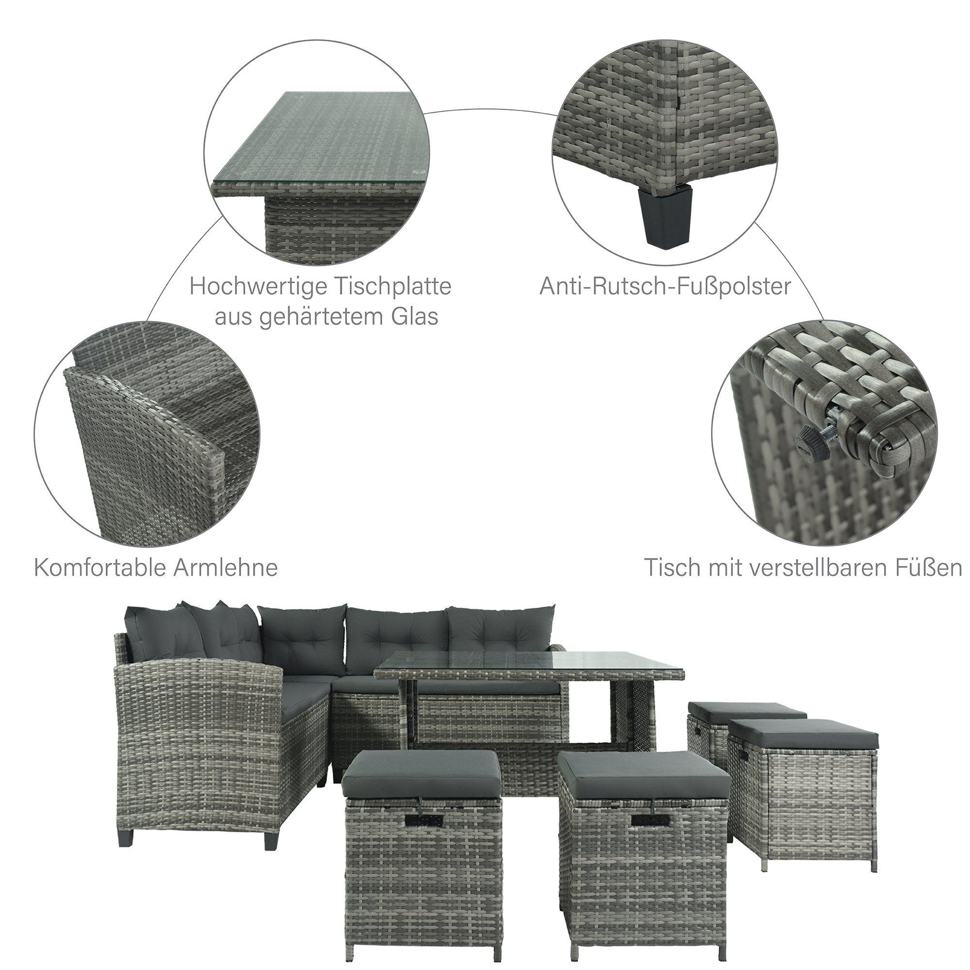Gartenlounge-Set, (8-tlg), 2 Sofa, 4 Hocker, Tisch 100x100 cm, Polyrattan, mit Auflagen
