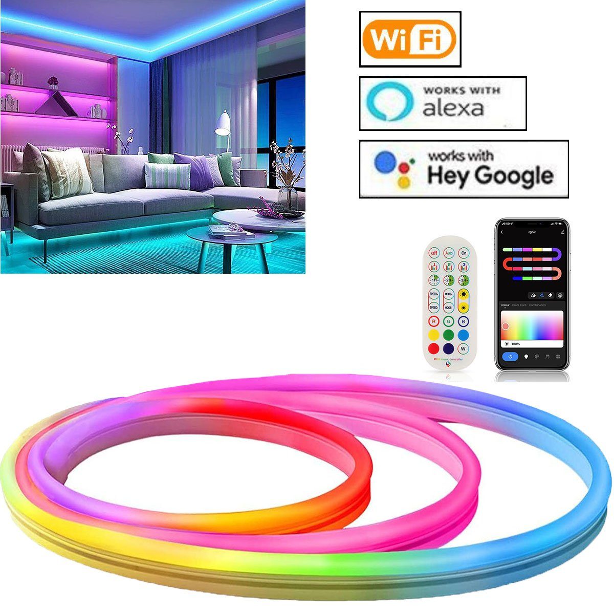 2024 Neuauflage oyajia LED-Streifen Lichtband App-Steuerung, LED für Alexa mit LED Neon LED Wanddeko, DIY-Funktion, Streifen Assistant RGB Google 3m, Wohnzimmer, und Strip mit
