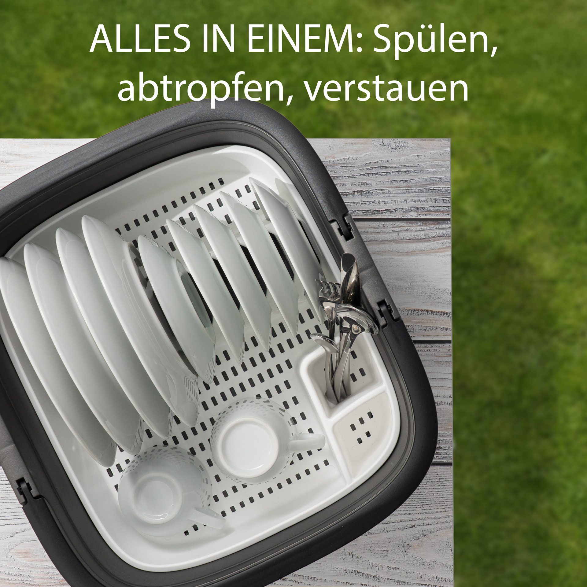 Hausfelder Waschbecken Camping Spülset, 2teilig, Spülwanne Anthrazit + Abtropfgitter weiß (2er Set, 2-St., WAnne + Abtropfgestell), ideal für unterwegs, robuste Wanne mit henkeln, Abtropfgestell