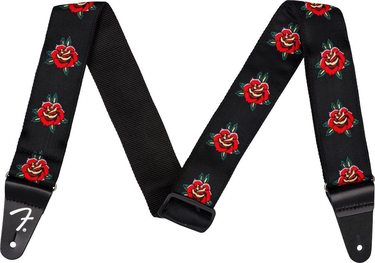 Fender Gitarrengurt 2" Rose Strap Red 5 cm breit mit Jacquard-Rosenmuster, Längenverstellbar von 86 bis 150 cm, ungepolstert