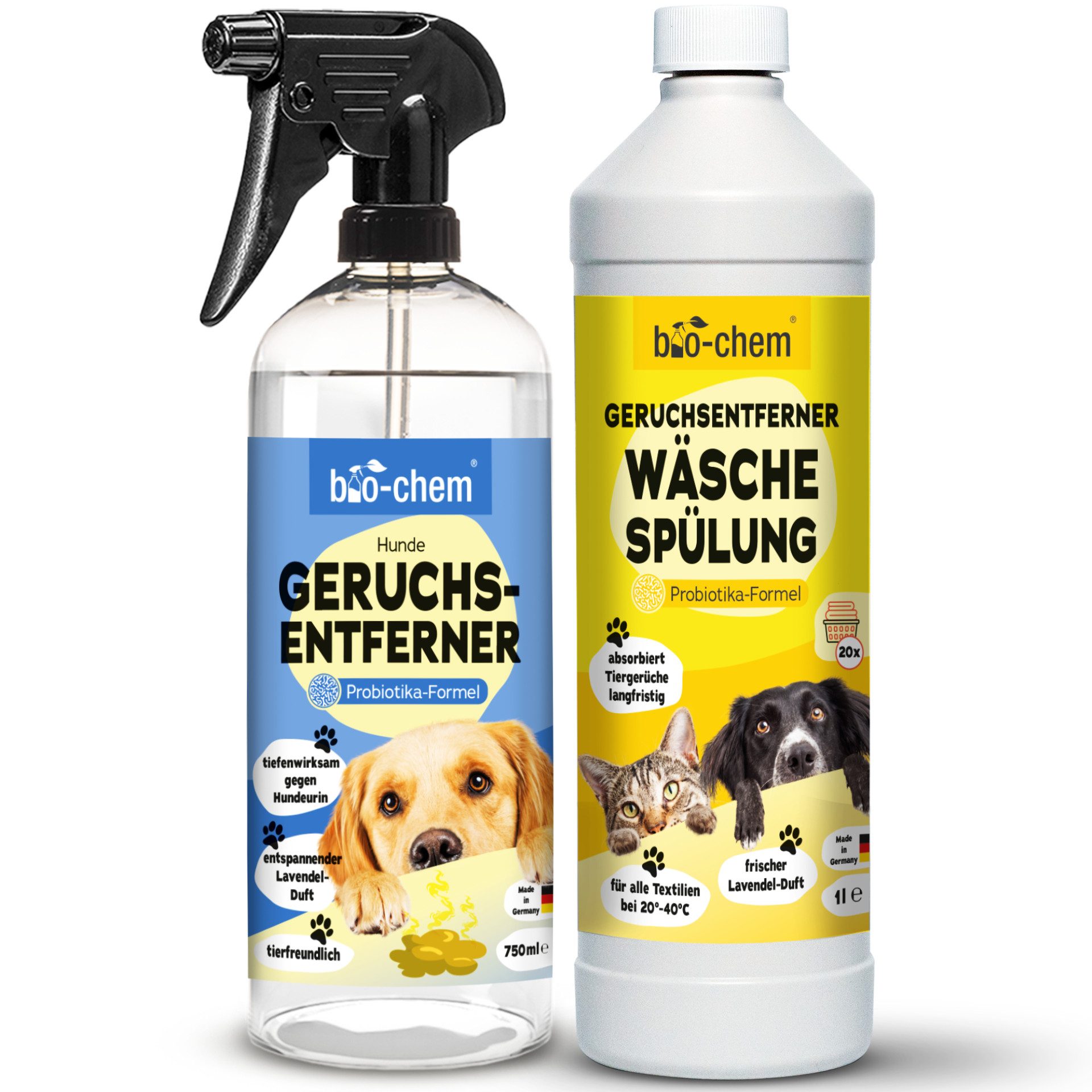 bio-chem Geruchsentferner Enzymreiniger 750 ML für Hunde- & Tiergerüche (Geruchsentferner Hund 0.75 l + Geruchsentferner Wäschespülung 1 L)