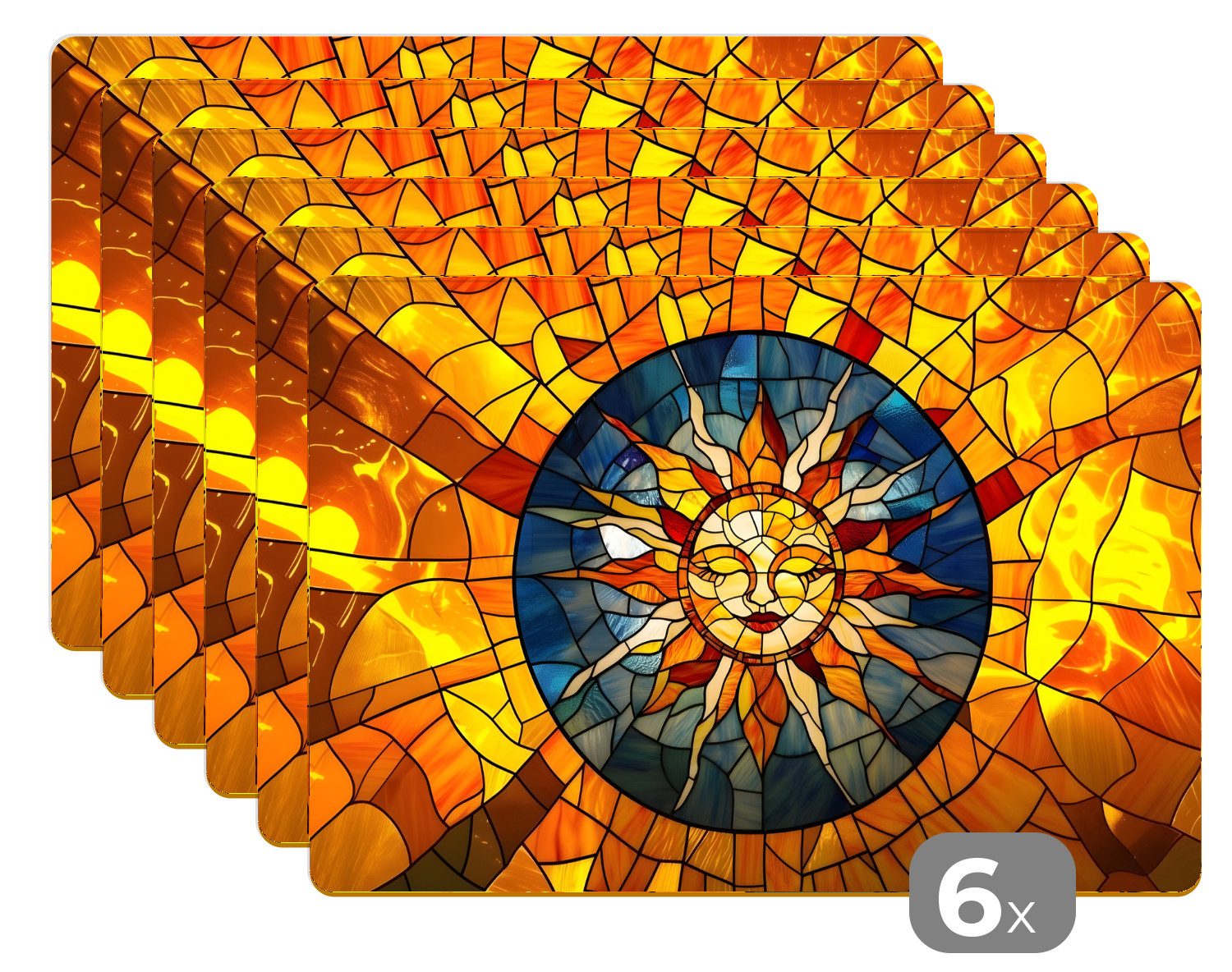 MuchoWow Platzset Mosaik - Sonne - Gelb - Kreis, (6-St), Platzsets, Tischset, Abwaschbar, Tischsets, Platzdeckchen