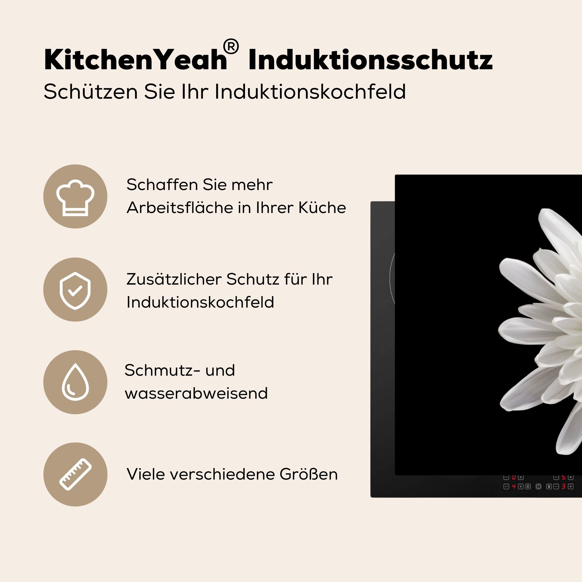 MuchoWow Herdblende-/Abdeckplatte Weiß - Induktionskochfeld küche, tlg), Vinyl, (1 die Ceranfeldabdeckung Blume, Makro Schutz cm, - 81x52 für