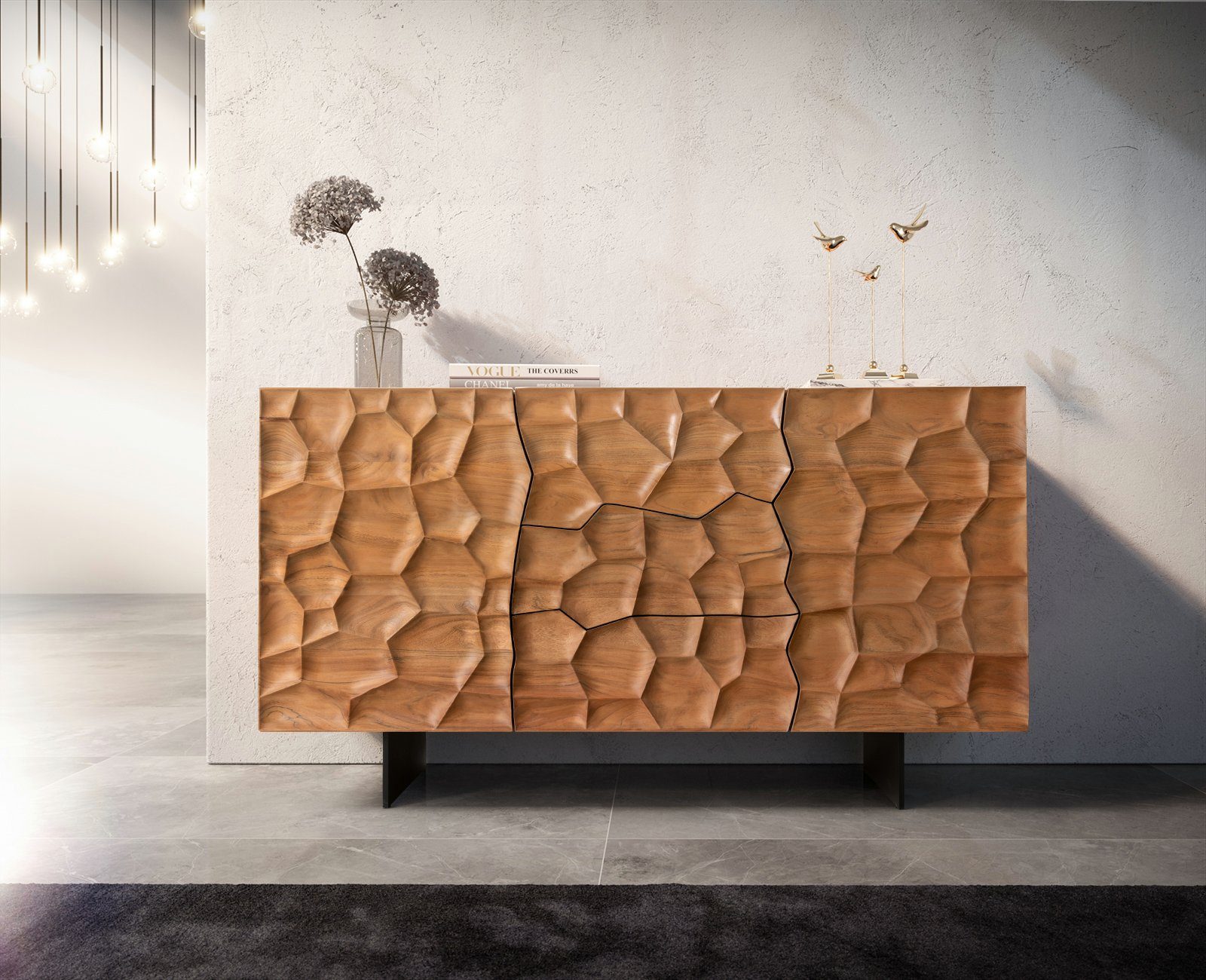 DELIFE Sideboard Solu, Akazie Natur 145 cm 2 Türen 3 Schübe Sideboard 3D-Front