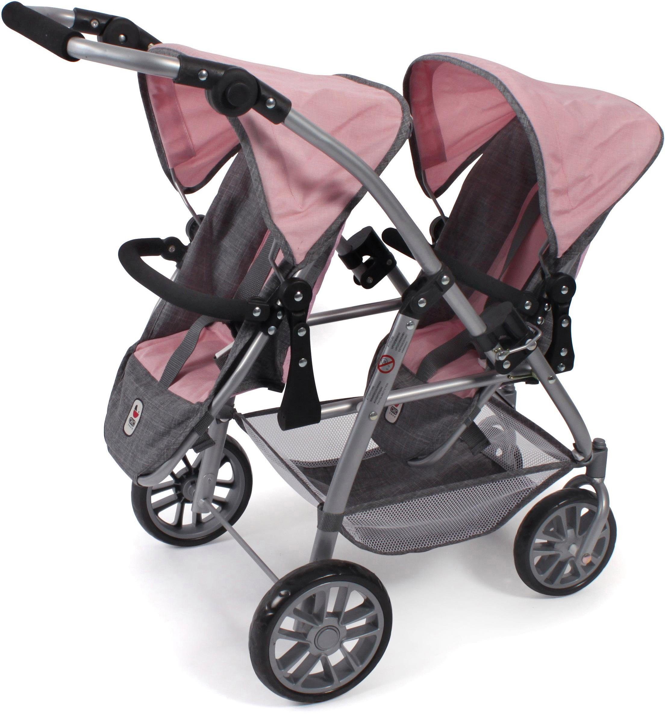 CHIC2000 Puppen-Zwillingsbuggy Vario, Grau-Rosa, mit schwenkbaren Vorderrädern