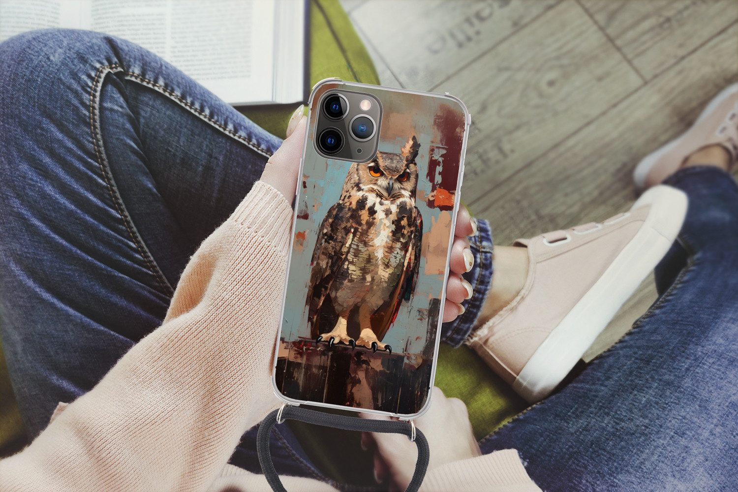 MuchoWow Handyhülle für Apple iPhone 13 Pro Max Gemalt - Abstrakt - Eule - Braun, Tragbare Handyhüllen mit Kette zum umhängen, Handykette Handyband
