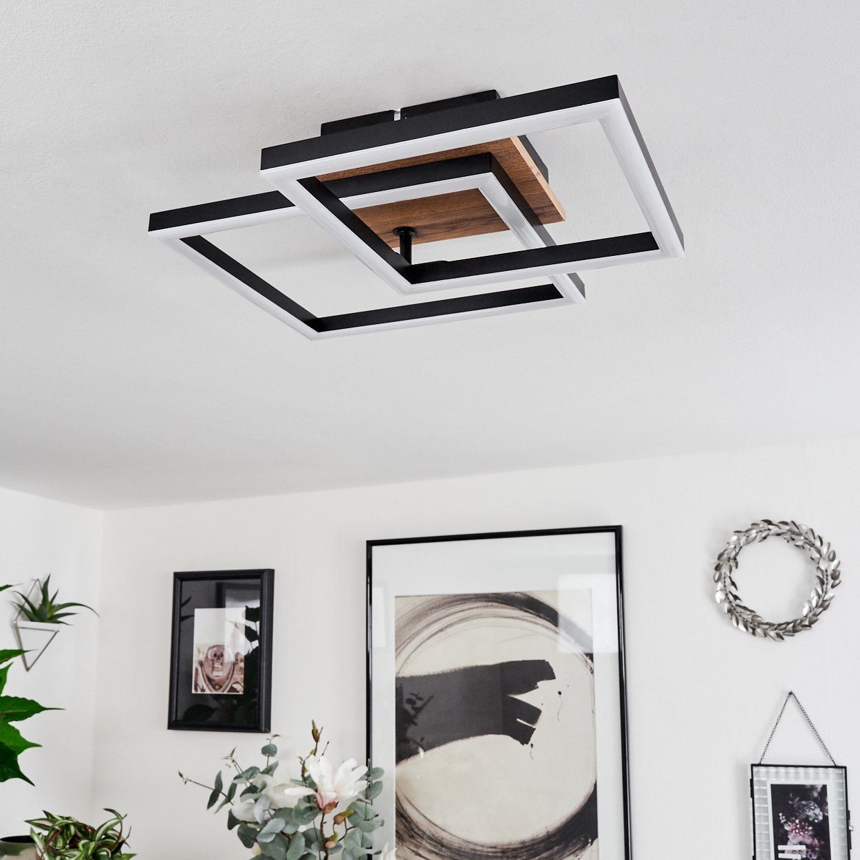 hofstein Deckenleuchte »Voghenza« Deckenlampe, Metall/MDF/Kunststoff, Schwarz/Holzoptik, 3000 Kelvin, Schirm ist drehbar, 1200 Lumen, 1xLED 18 Watt, Braun, Weiß