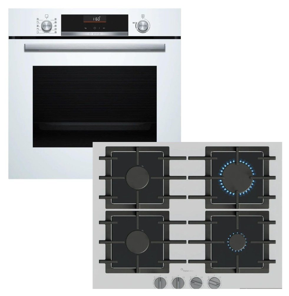 BOSCH Backofen-Set Herdset weiß Backofen Air Fry + Gaskochfeld weiß Glas FlameSelect 60cm