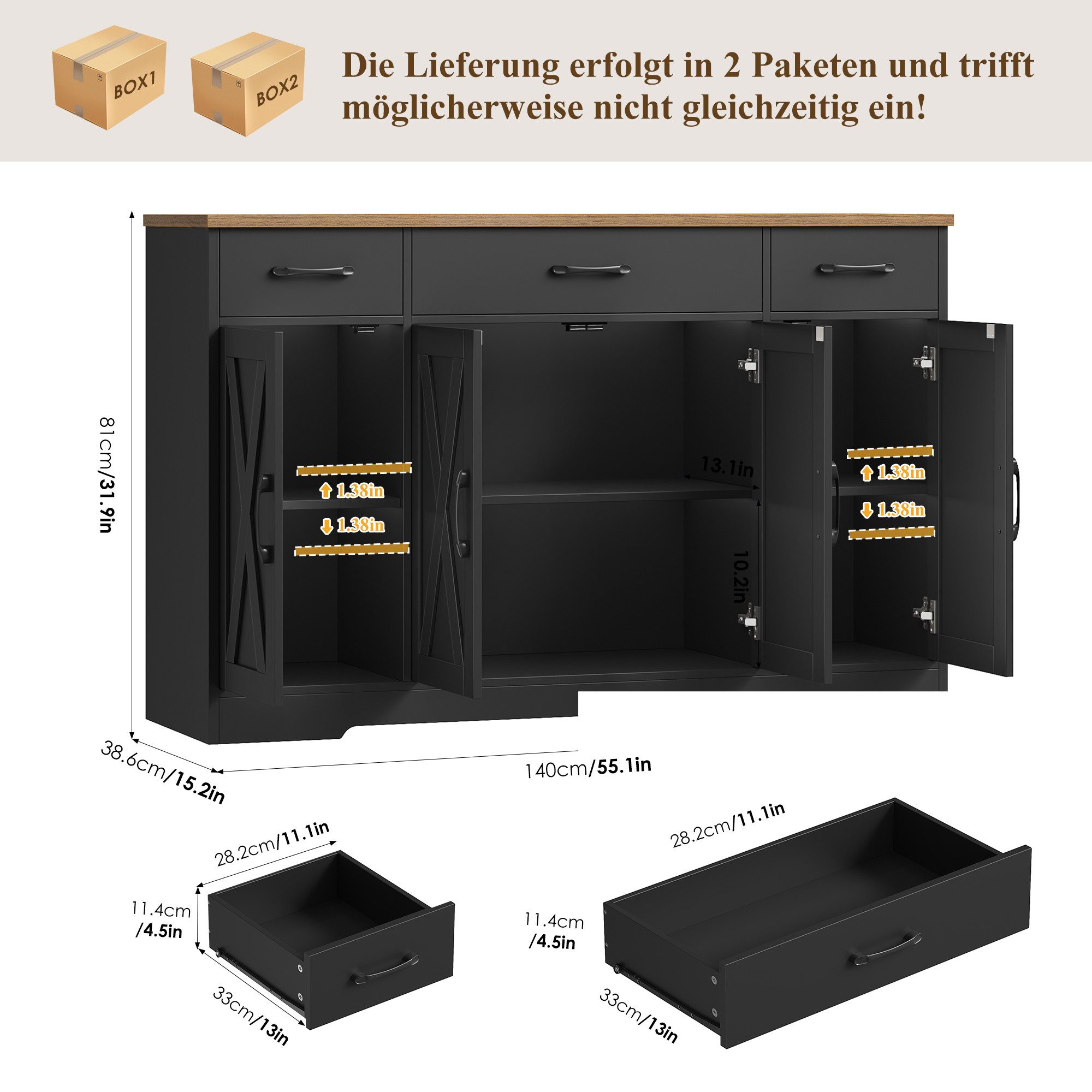 HOMECHO Sideboard, 140cm Breite Küchenschrank 3 Schubladen 4 Türen, Verstellbaren Regalen