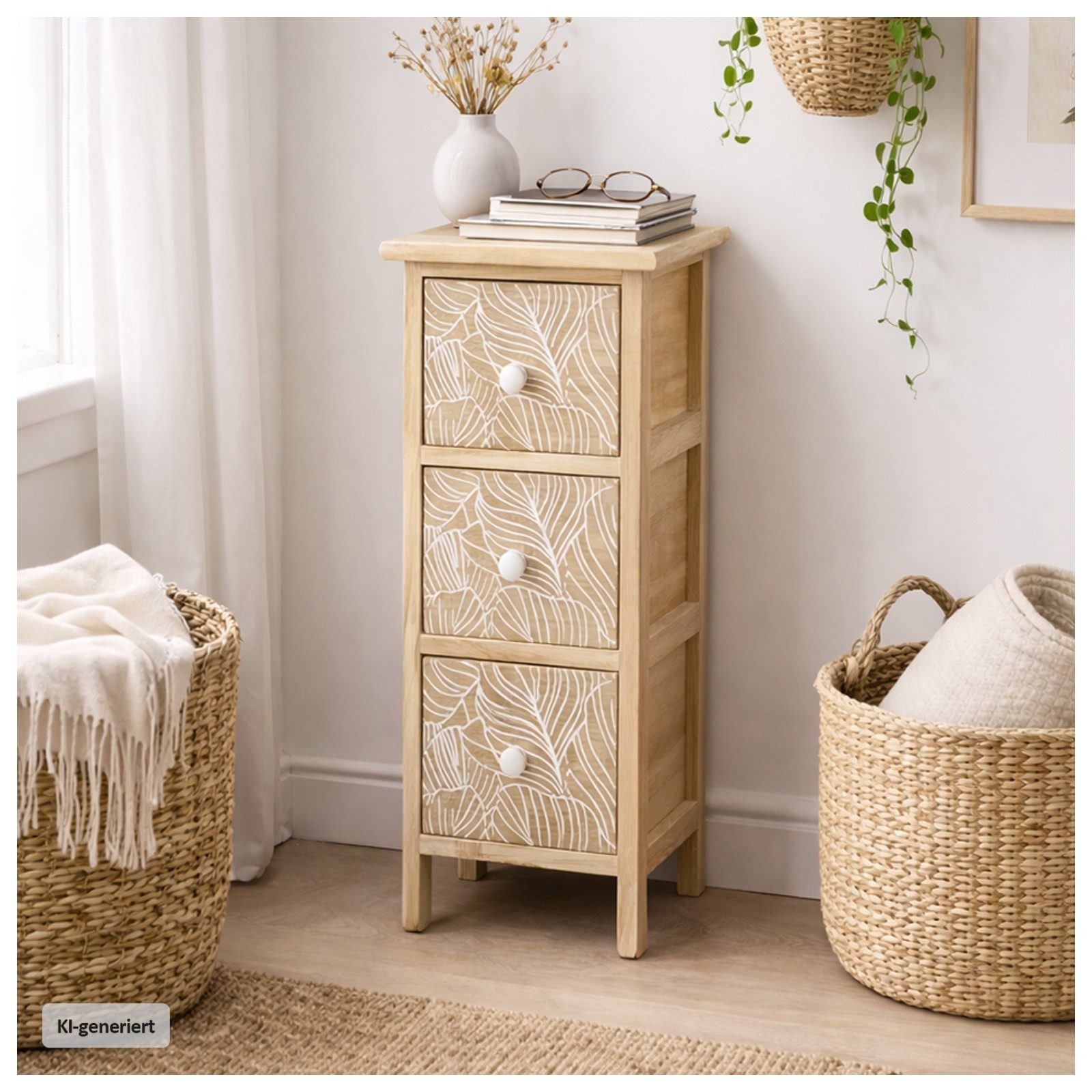 HTI-Living Kommode Kommode Melia schmal 3 Schubladen Blätter-Design Artisaneiche-Weiß (Stück, 1 St., 1 Kommode)