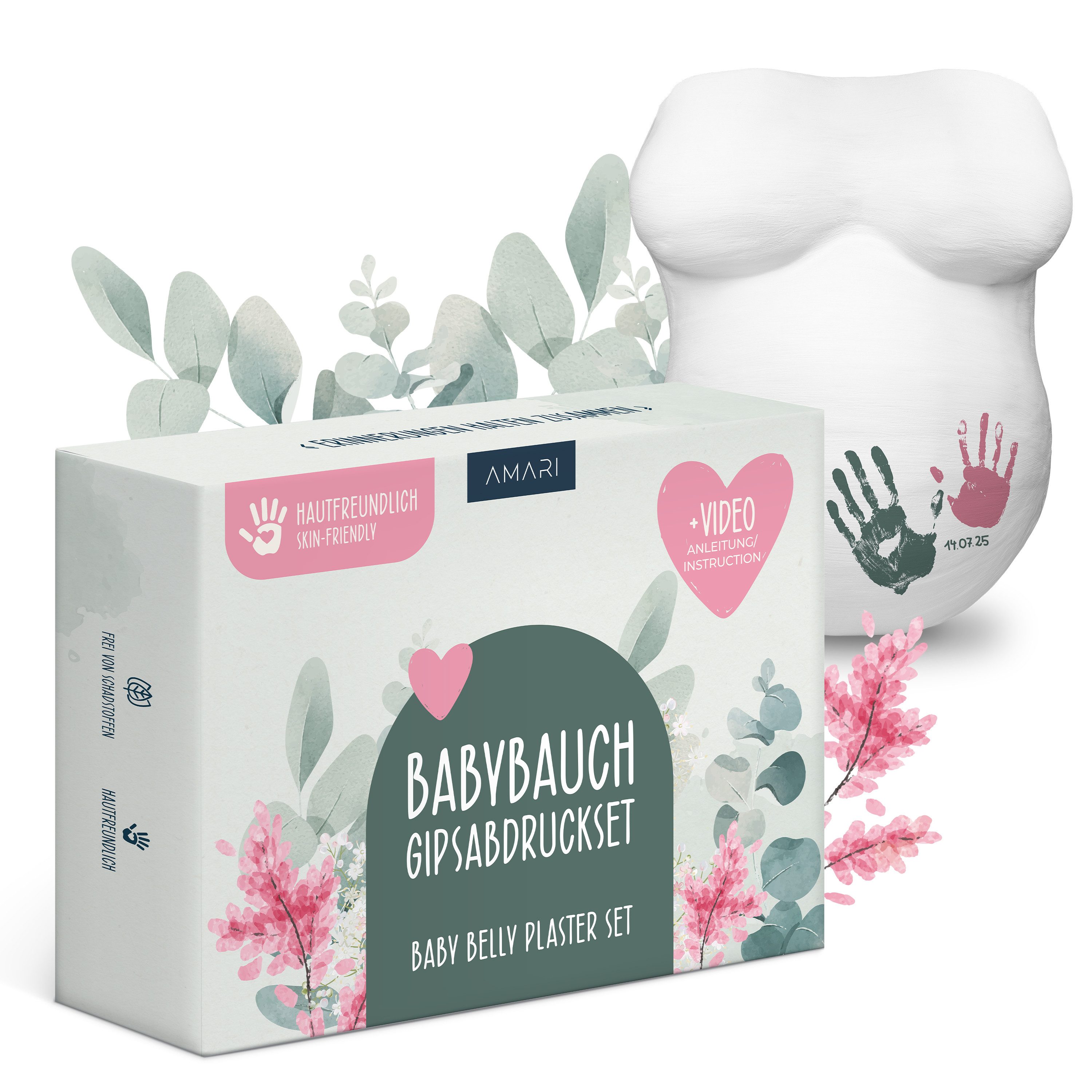 Amari Handabdruck-Set Gipsabdruck Babybauch Set 3D, Bauchabdruck Geschenk Schwangerschaft, DIY Komplettset mit Videoanleitung, 8 Gipsbinden, Spachtelmasse, Farben & Melkfett, Erinnerung für werdende Mütter, zum Veredeln & Bemalen, Babyparty