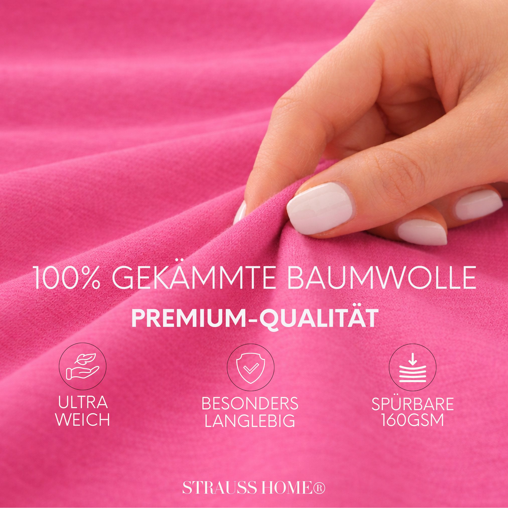 Strauss Home Spannbettlaken Premium 160 g/m² Gekämmte Baumwolle Jersey in Hotelqualität, Gummizug: Rundumgummi, OEKO-TEX®-zertifiziert - Hotelqualität – Formstabil & Langlebig