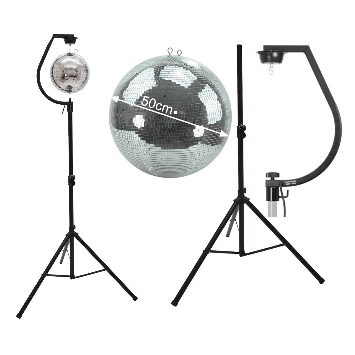SATISFIRE Discolicht Spiegelkugel SET 50cm PROFI Kugel mit schwarzer Stativhalterung Motor