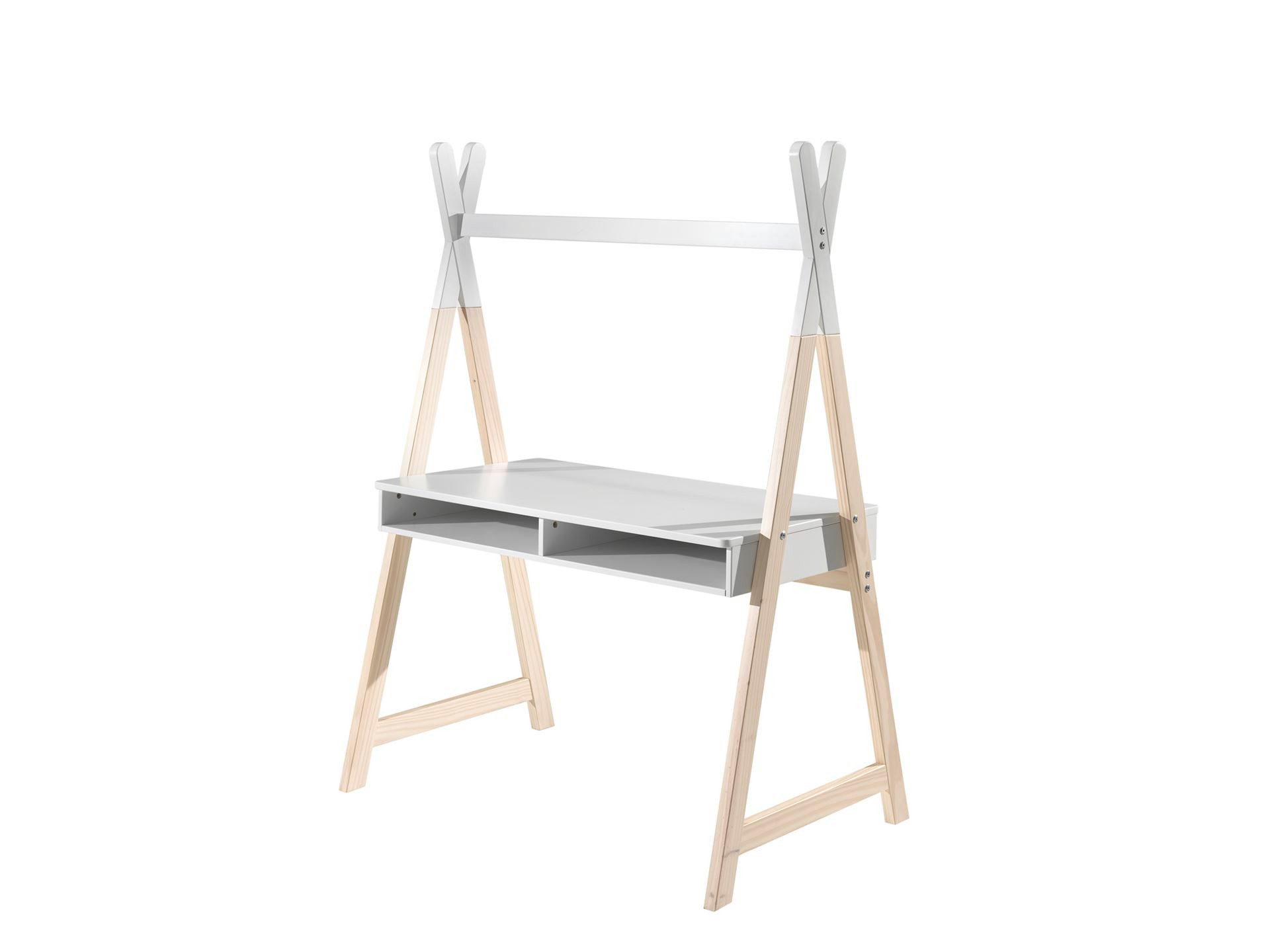 58 aufm Kessel Schreibtisch Arbeitstisch Karilynn 116x75x160 Computertisch MDF+Massivholz Weiß (inkl. Versand, Lieferung bis Verwendungsstelle), Kinderschreibtisch mit Karyn-Zelt Optik, geräumige Ablagefächer,stabil