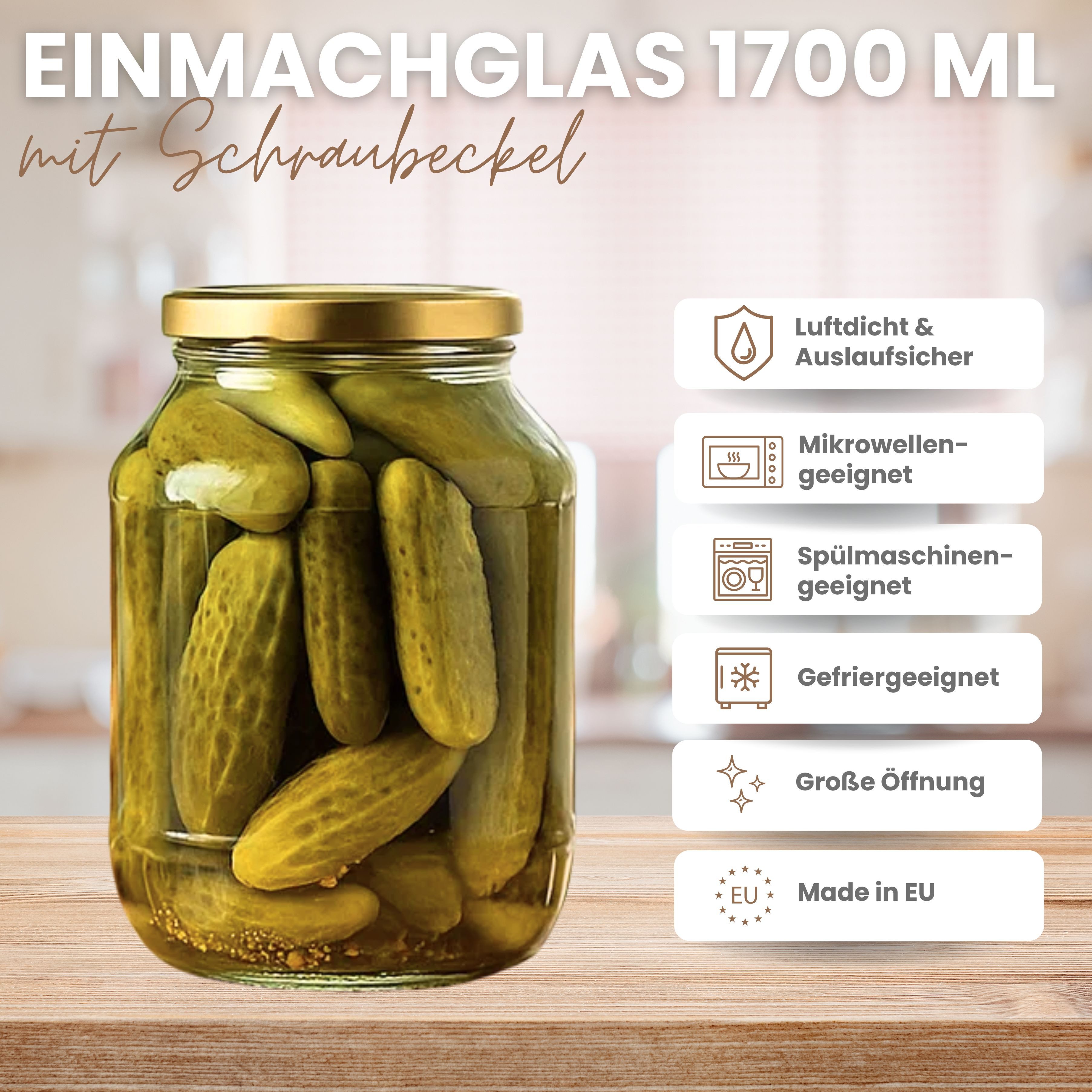 mikken Einmachglas 6 große Vorratsgläser 1700 ml, (Spar-Set, 6er Set Einkochgläser), mit Twist-Off Deckel TO89 und 6 Etiketten zum Beschriften