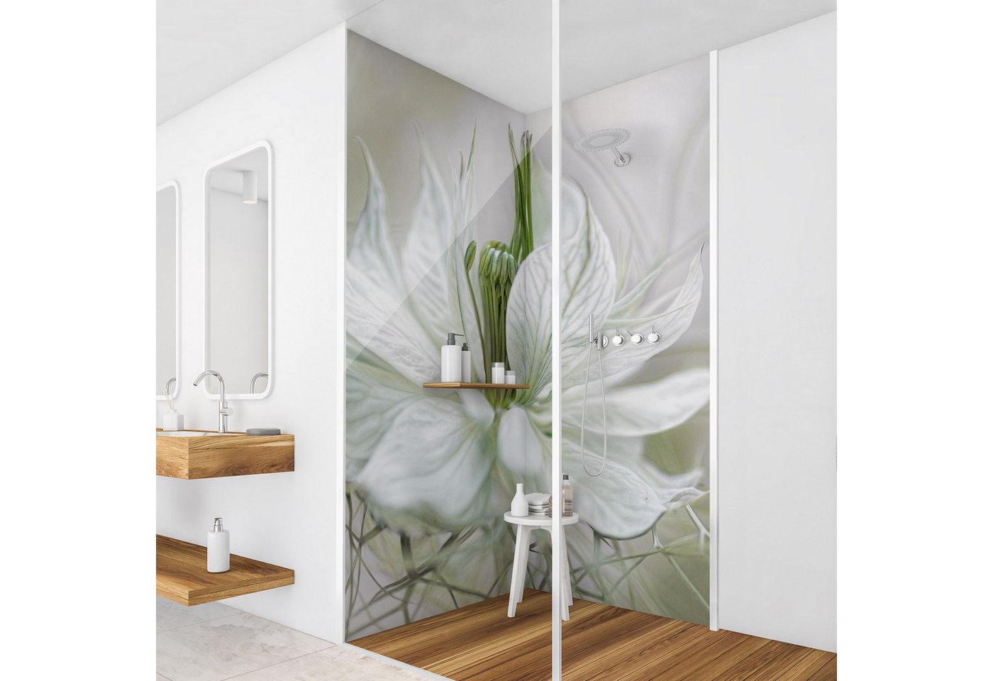 Thumbnail - Bilderdepot24 Badrückwand Blumen weiß Duschrückwand ohne Bohren Dusche Fliesenersatz, (Hartfolie matt » Selbstklebend SM...