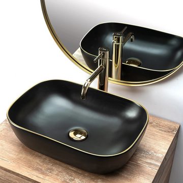 wohnwerk.idee Aufsatzwaschbecken Waschbecken Belinda Schwarz Matt Poliert Gold Goldrand