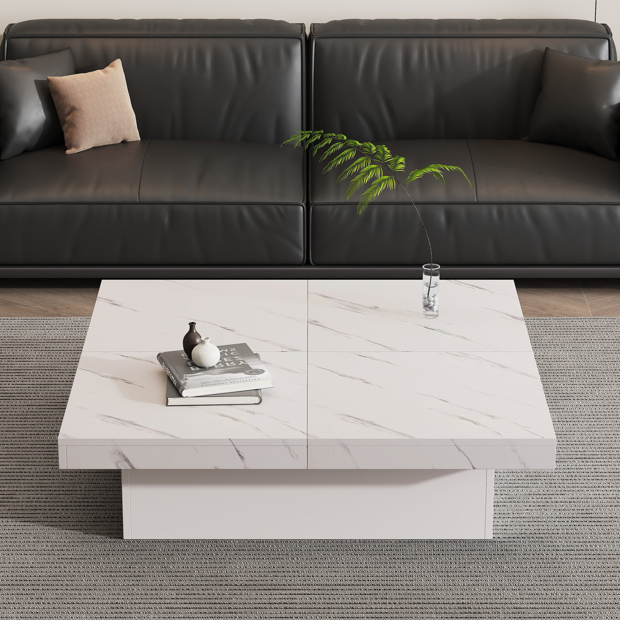 Merax Couchtisch mit versteckten Schubladen, Beistelltisch mit geometrische Design (4 versteckte Schubladen), Marmoroptik Wohnzimmertisch mit verschiebbarer Tischplatte, 90/90/25cm