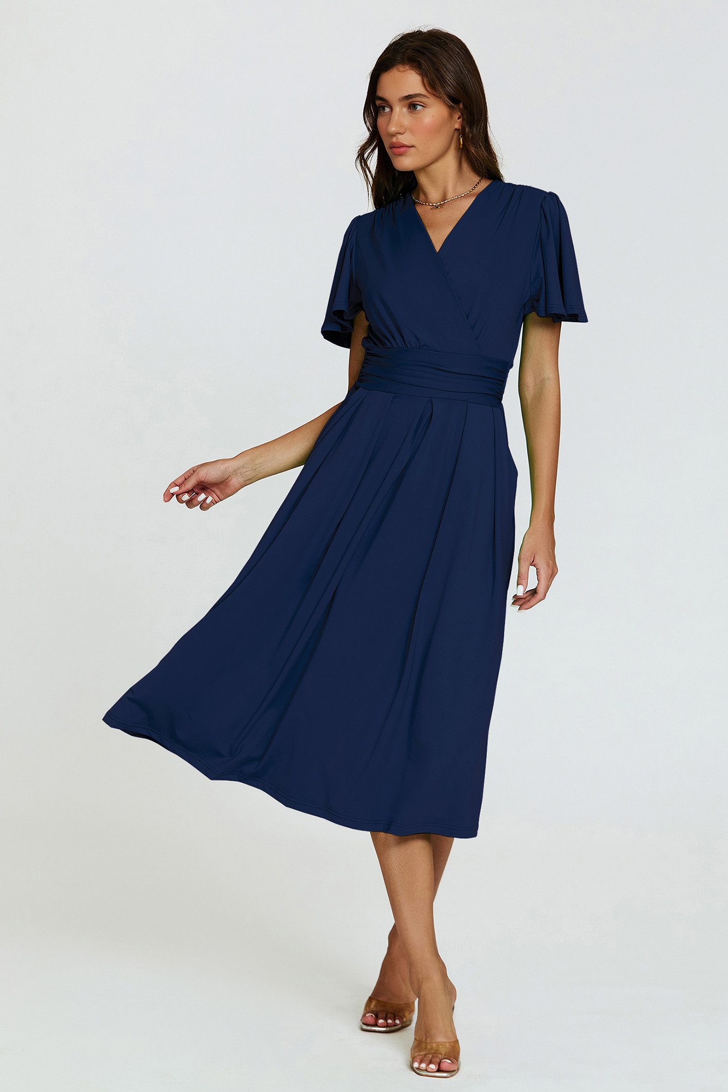 FS Collection Midikleid Damen Midikleid Sommerkleid Freizeitkleid Businesskleid Wickeloptik (Größen: XS (EU:36 / UK:8) · S (EU:38 / UK:10) · M (EU:40 / UK:12) · L (EU:42 / UK:14) · XL (EU:44 / UK:16), 3 Farben : Marineblau, Dunkelgrün und Hellgrün) Wickeloptik, elastische Taille, Seitentaschen, fließender Jersey-Stoff