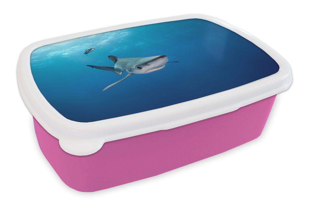 MuchoWow Lunchbox Großer Blauer Hai, Kunststoff, (2-tlg), Brotbox für Erwachsene, Brotdose Kinder, Snackbox, Mädchen, Kunststoff rosa