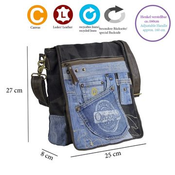 Sunsa Messenger Bag Umhängetasche aus recycelten Jeans und schwarzes Canvas. Messenger Tasche für Sie/ Ihn. Große Schultertasche mit Handyfach unter der Frontklappe, Aus recycelten Materialien