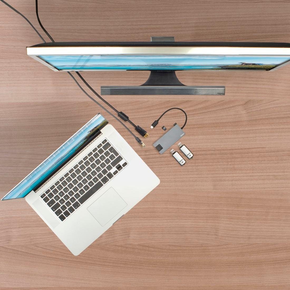 Hama USB-C Multiport Hub für Laptop mit 5 Ports, USB-A, USB-C, HDMI, LAN USB-Adapter USB-C zu HDMI, RJ-45 (Ethernet), USB Typ A, USB Typ C, 15 cm, Laptop Dockingstation, kompakt, robustes Gehäuse, silberfarben