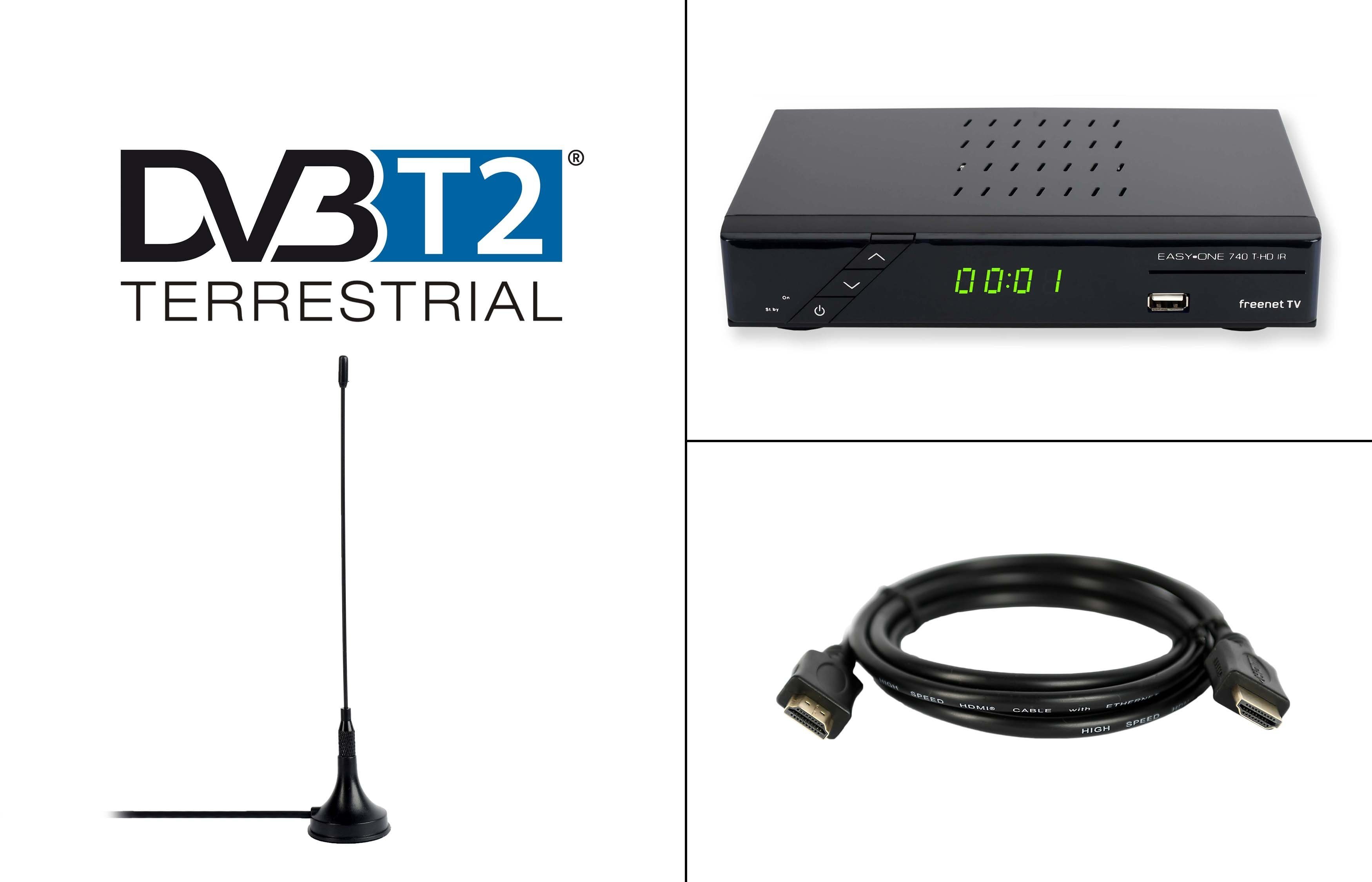 DVB-T2 HDMI 740 DVBT 12V Receiver freenet Camping, & HD HD passive (2m TV Antenne) EasyOne Kabel,