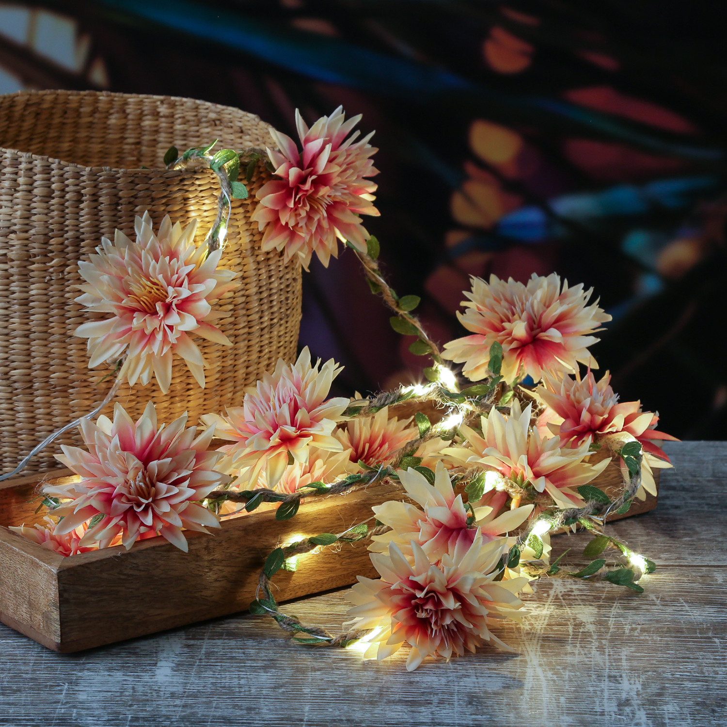 MARELIDA LED-Lichterkette Dahlien Blüten Blumengirlande Blumenlichter Timer L: 2,9m creme, 30-flammig