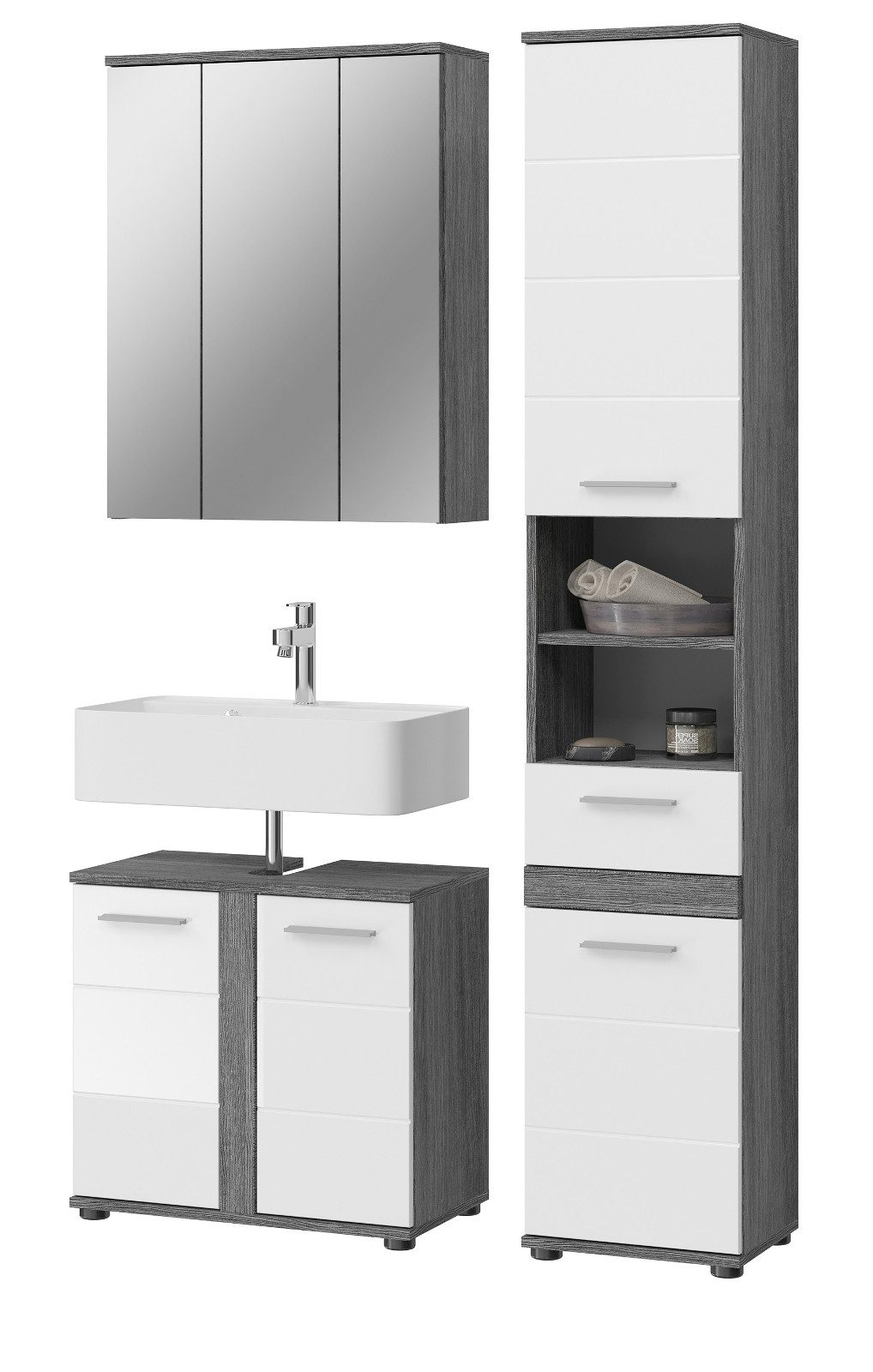 Inn.Furn Badmöbel-Set Bailey, (weiß Hochglanz und grau Rauchsilber, 3-St., Badezimmer), mit viel Stauraum