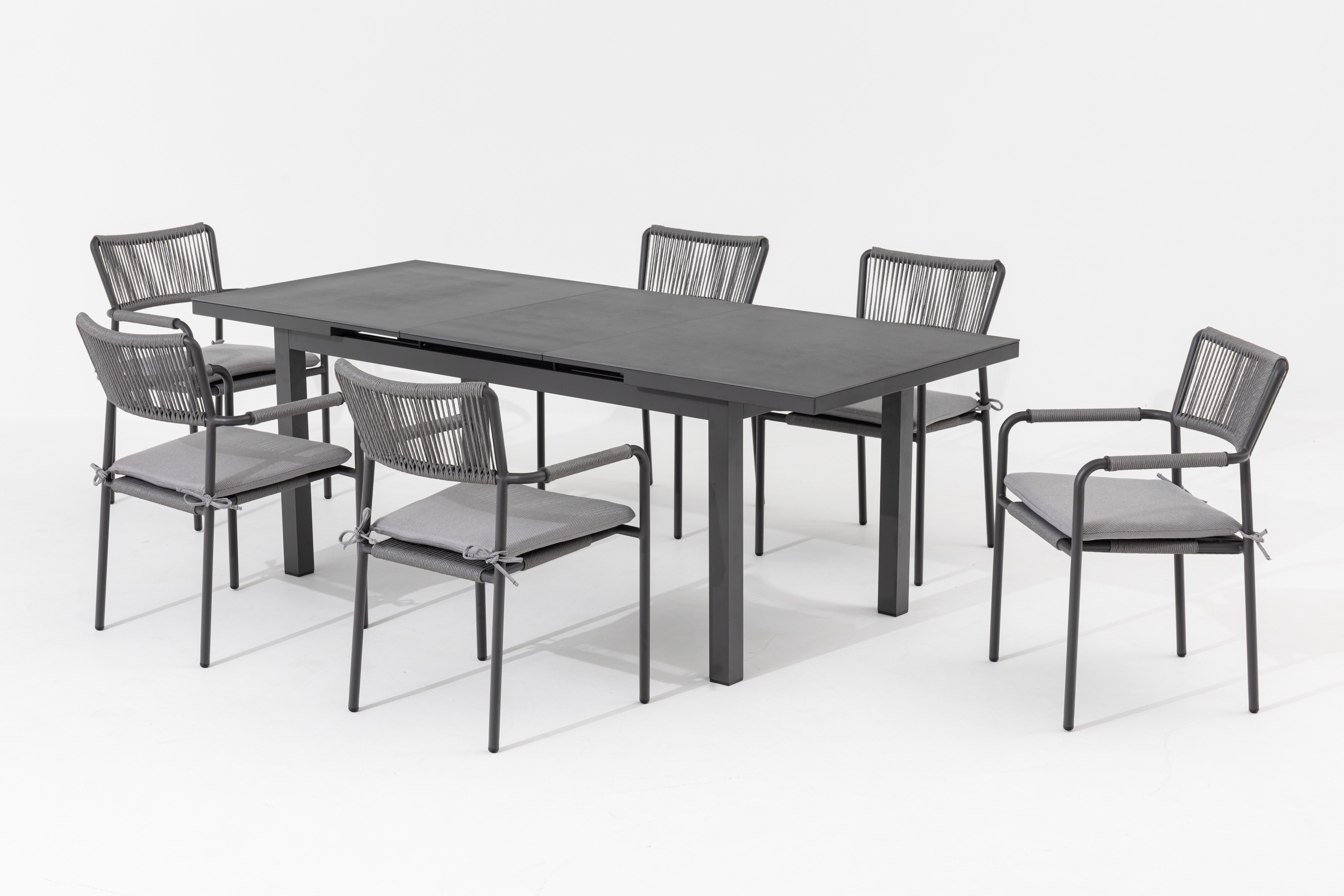 MANDALIKA Garden Garten-Essgruppe 7-teilig Essgruppe Madri 6x Stapelsessel und Ausziehtisch, Sessel stapelbar, Tisch ausziehbar