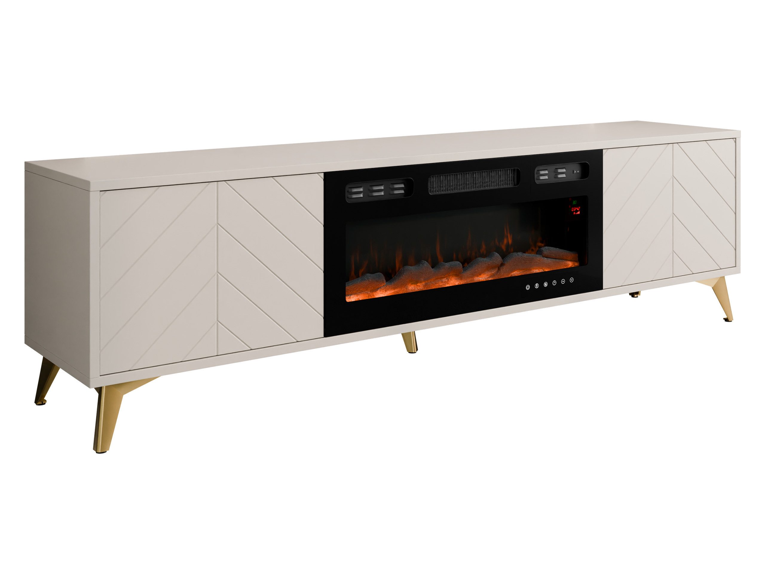 MIRJAN24 TV-Schrank Xylix 2D EF mit Elektrische Kamin (mit zwei Drehtüren) Realistische LED-Flamme, Füße aus Metall in der Farbe Gold