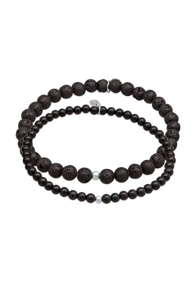 Kuzzoi Bead-Armband-Set Lava Onyx Edelstein Perlen Set Bead aus 925 Silber,  Kugel